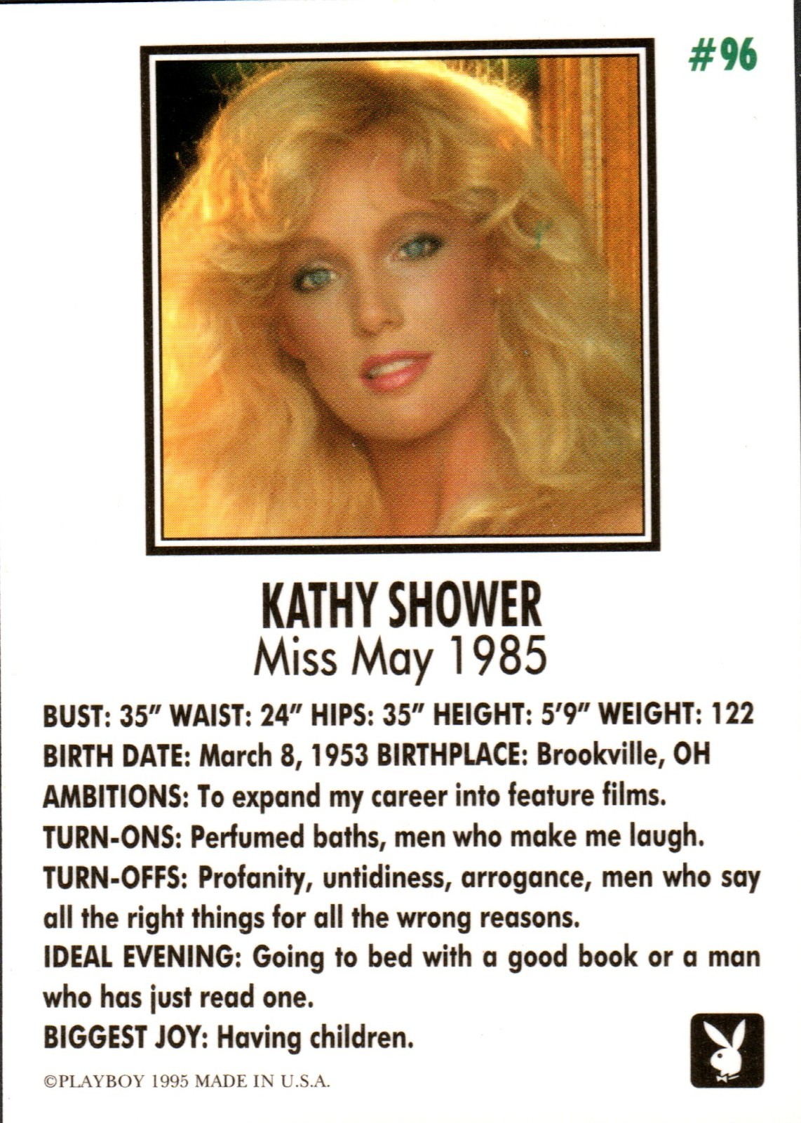 1995 Playboy Centerfold Card # 96 May 1985 Kathy Shower