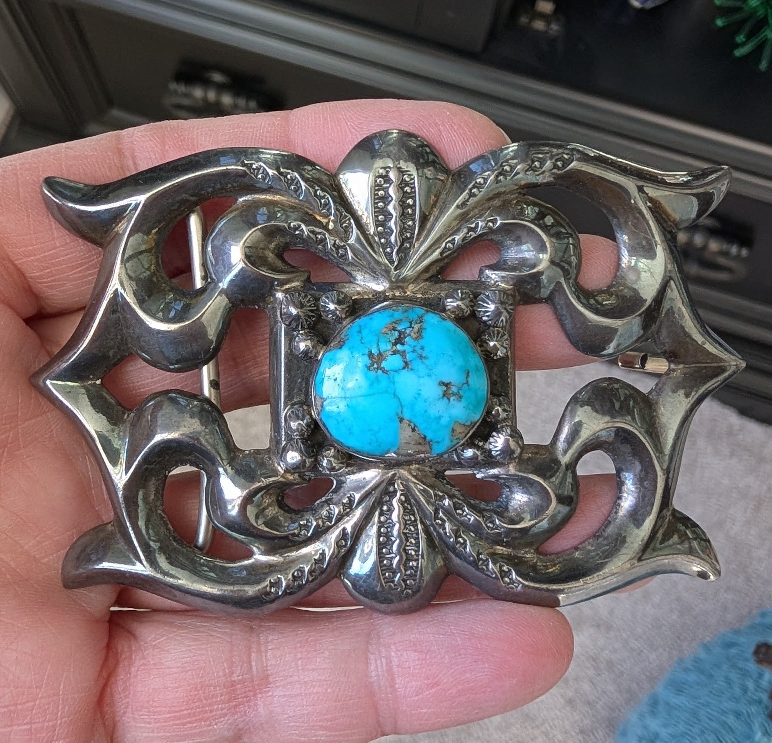 Navajo Sandcast Turquoise Belt Buckle