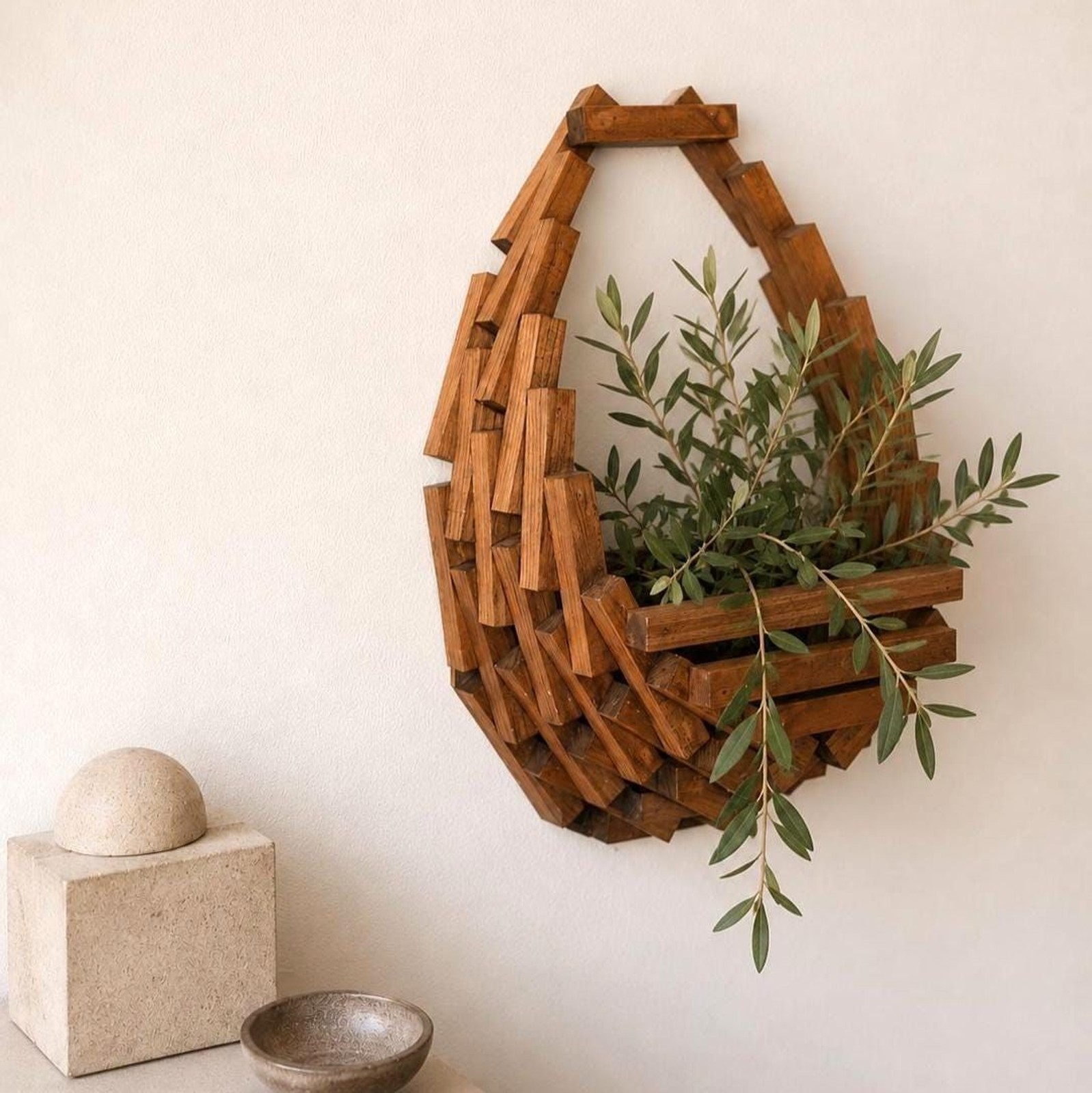 Vintage MCM Brutalist Wood Wall Basket Geometric Organic Modern Planter 70s Boho