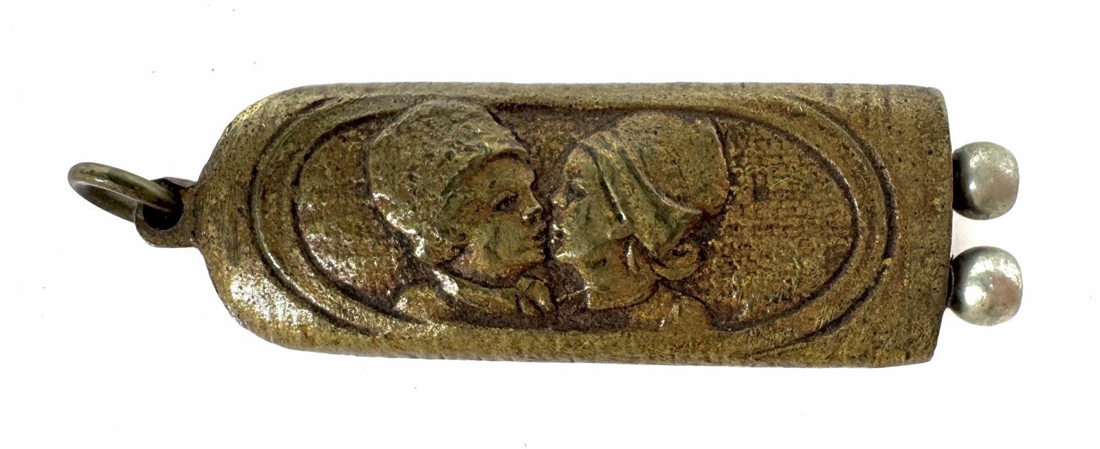 Antique Brass Repousse Kissing Couple Cigar Cutter Cigarette Holder