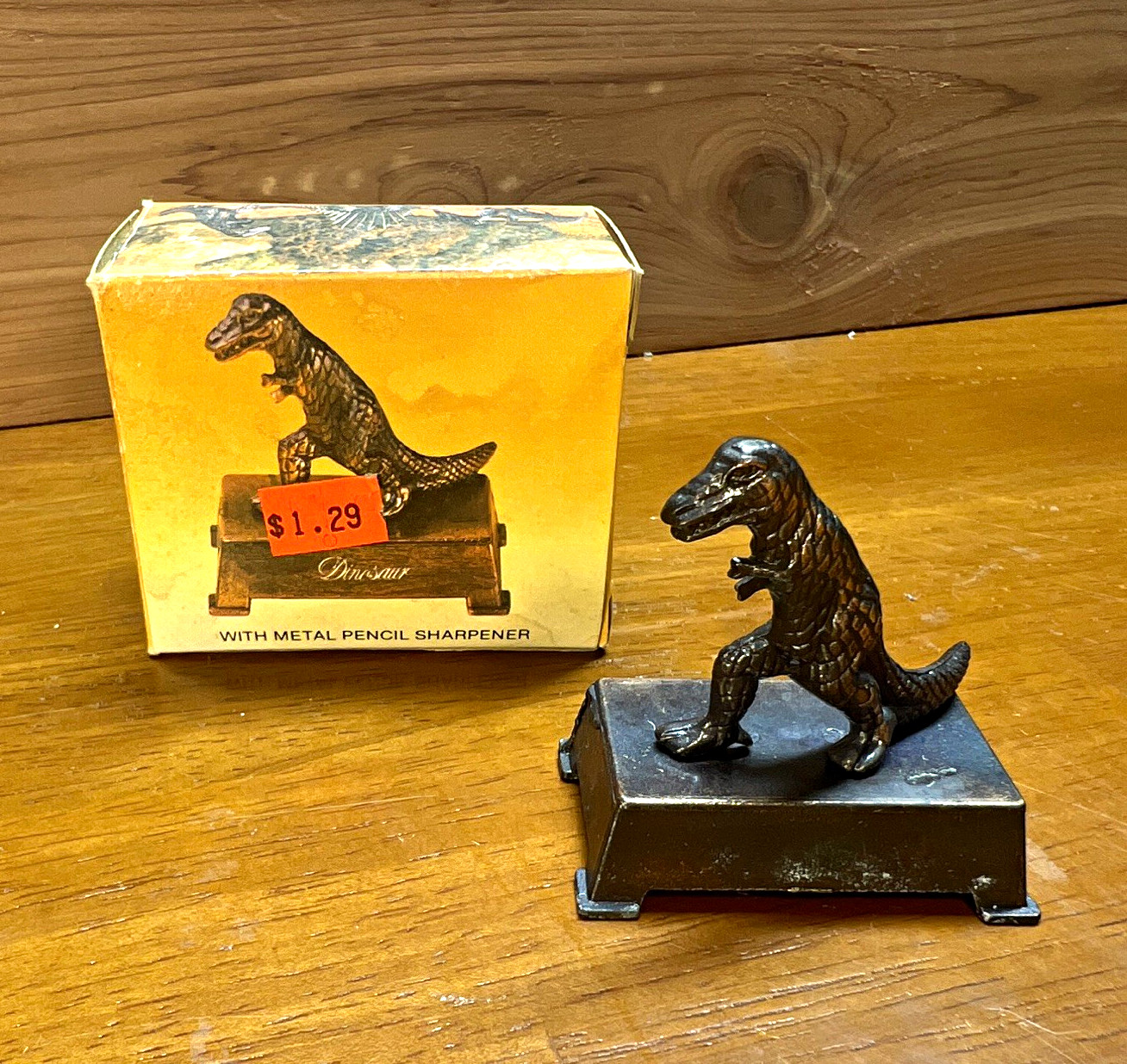 Vintage 50/60s NOS Dinosaur Metal Pencil Sharpener Made in Hong Kong with Box⁠