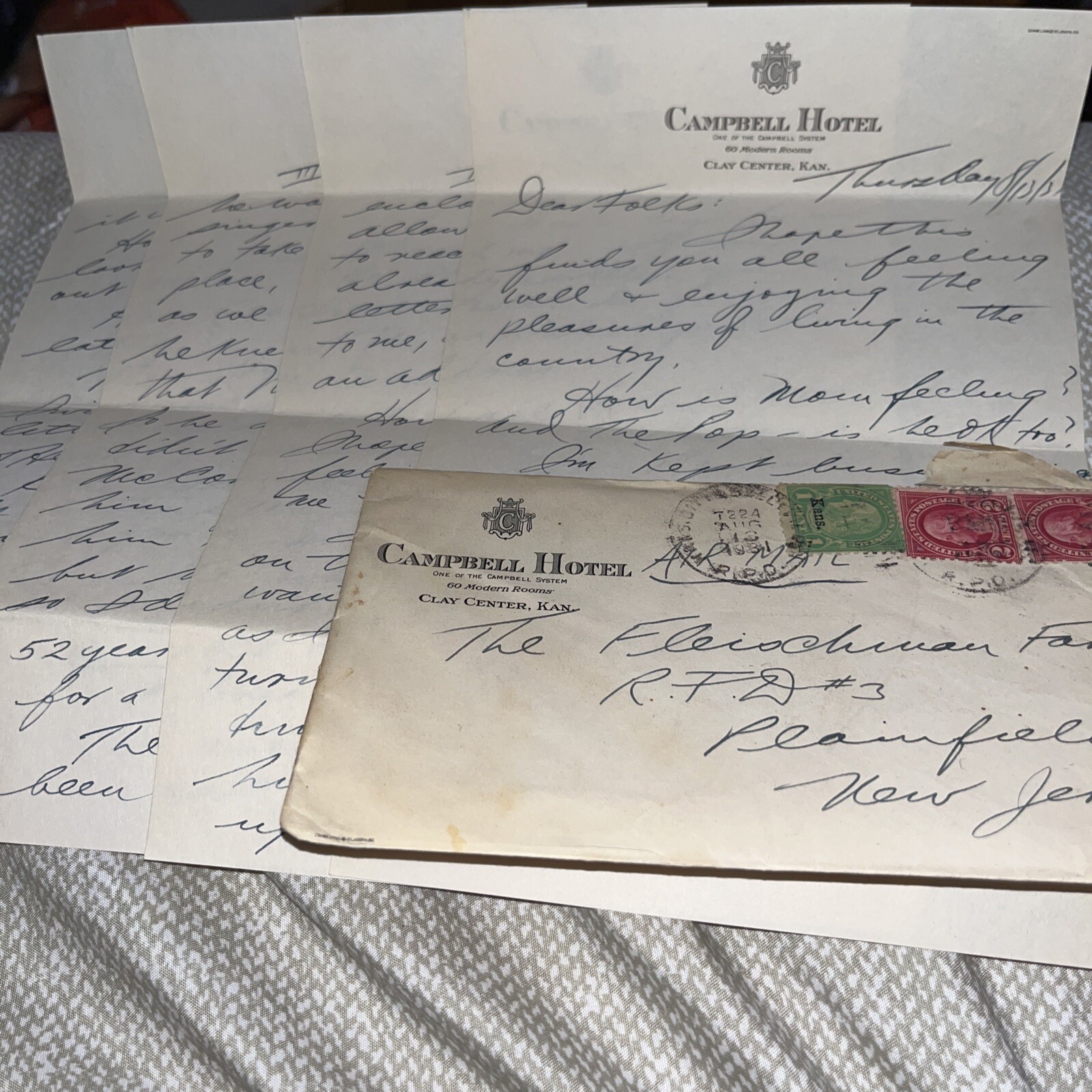 Antique 1931 Campbell Hotel Clay Center Kansas Letterhead Envelope & Letter Home