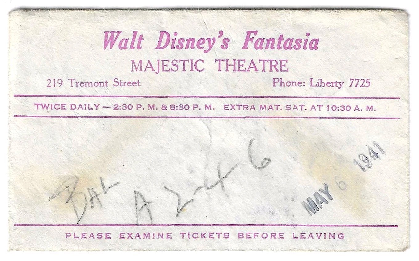 1941 Walt Disney Fantasia Movie Theatre Ticket Envelope Vintage Boston Theater