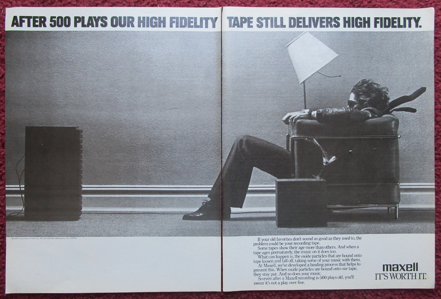 1980 MAXELL Audio Tape Magazine Print Ad Clipping ~ Man BLOWN AWAY Living Room