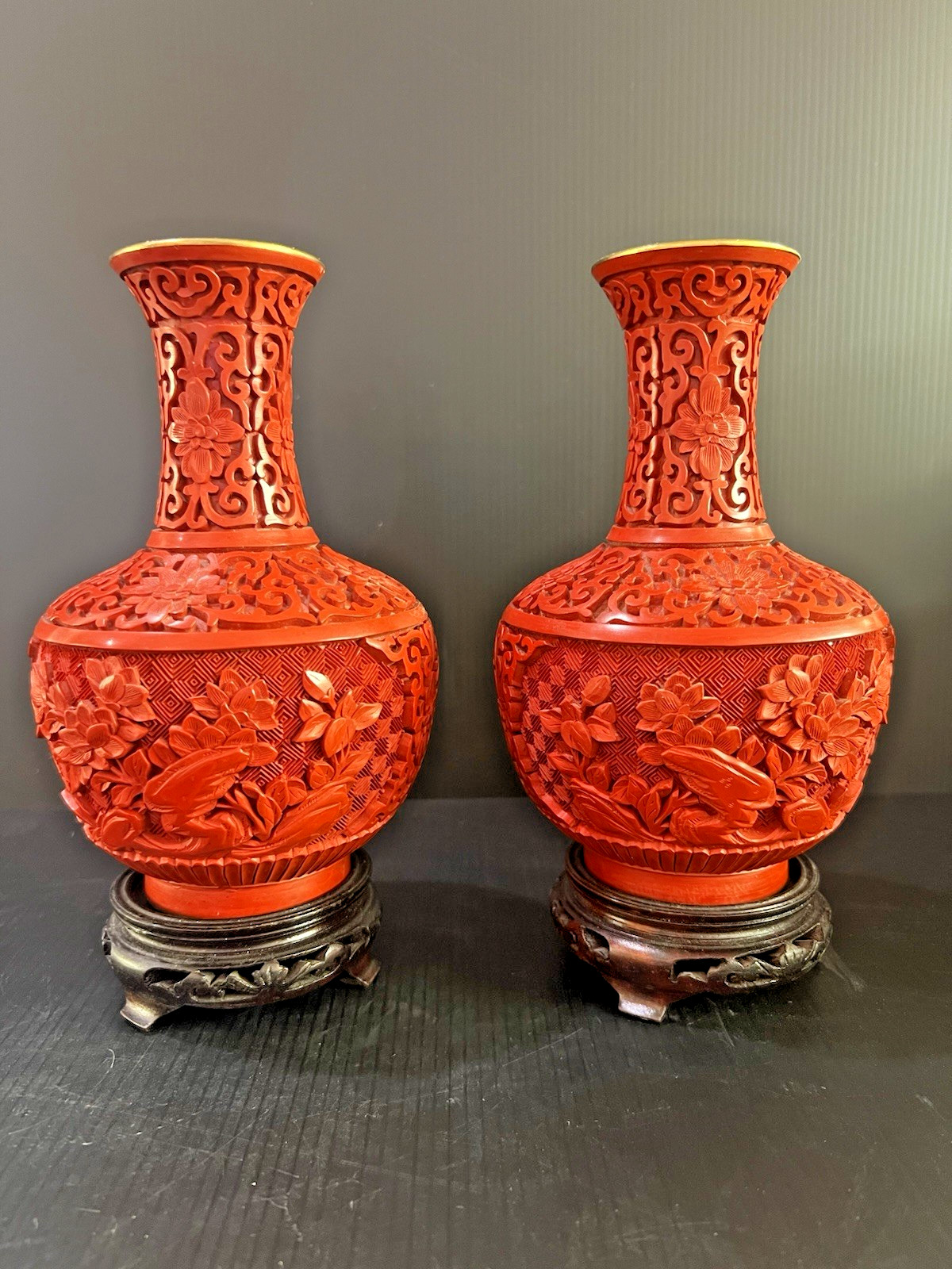Vintage Pair Chinese Carved Cinnabar Lacquer Vases 7” Floral Brass Blue Enamel
