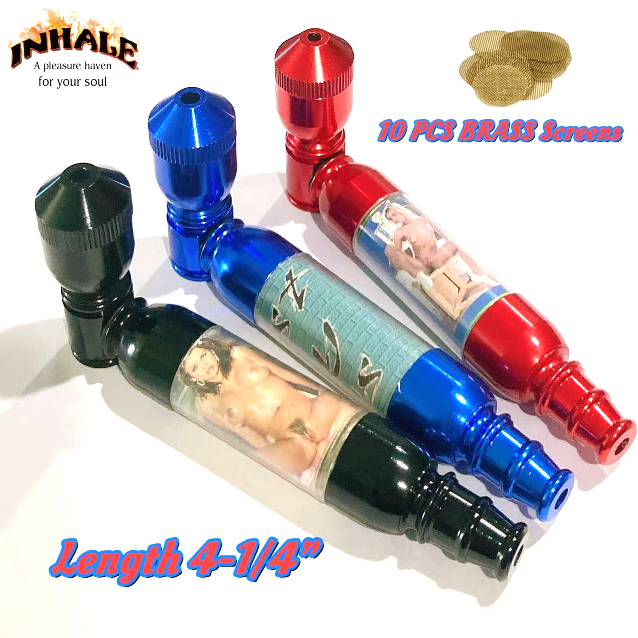 Inhale  (Random Picture) 3 PCS metal tobacco smoking pipe w 10 brass screen