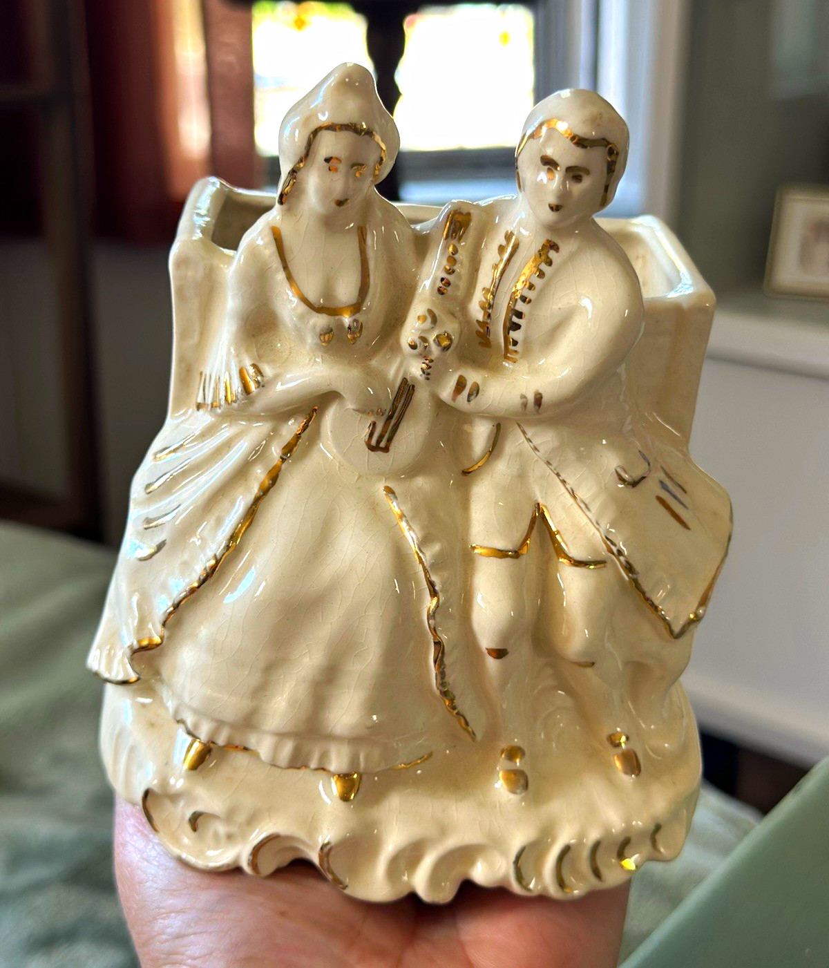 Vintage Ceramic Romantic Couple Planter/Vase - Cream with Gold Accents 