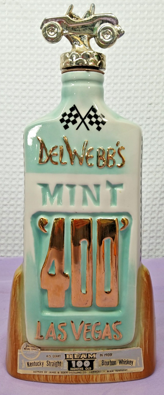 1970 DEL WEBBS MINT 400 LAS VEGAS JIM BEAM KENTUCKY BOURBON WHISKEY DECANTER