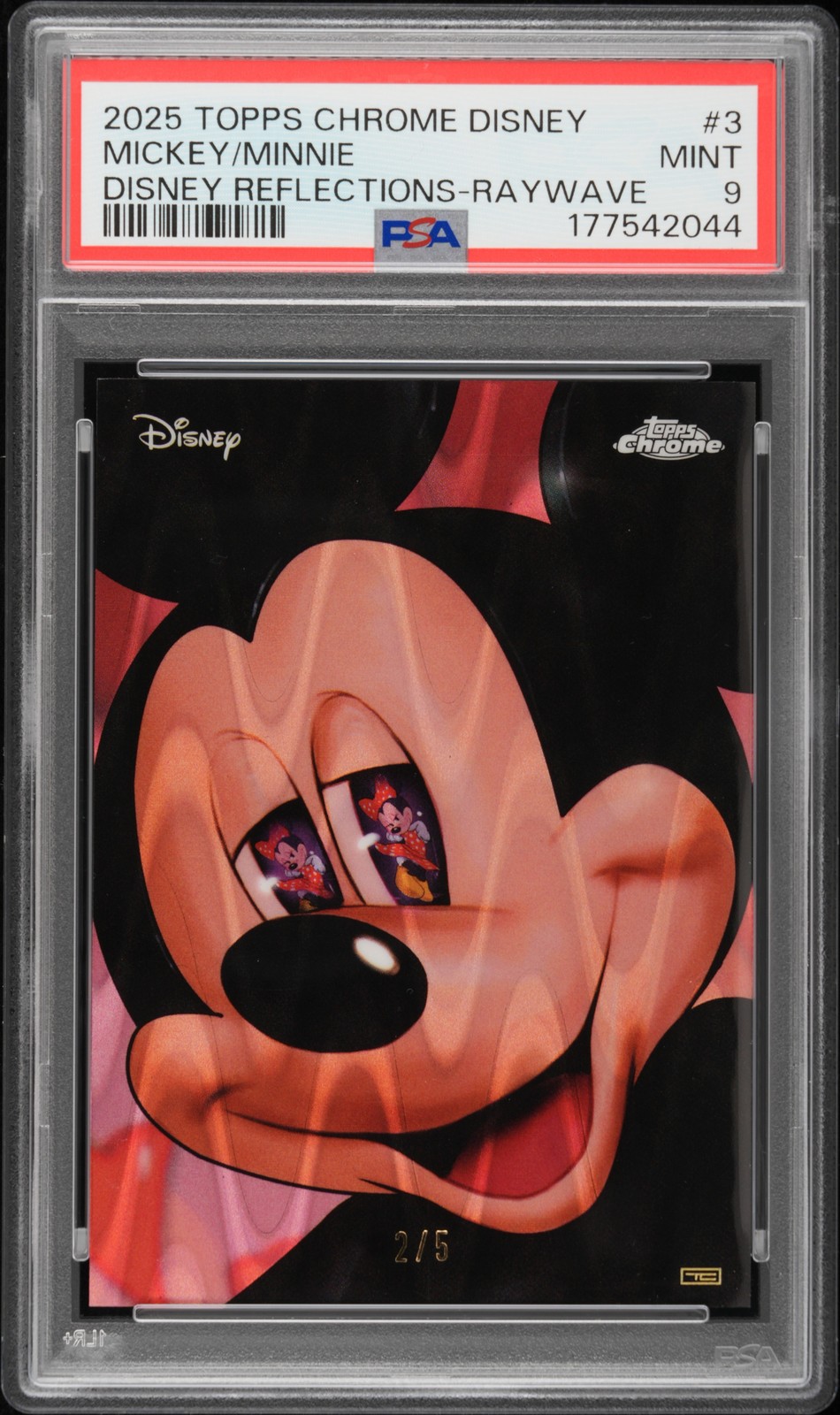 2025 TOPPS CHROME DISNEY REFLECTIONS RAYWAVE MICKEY MOUSE/MINNIE MOUSE 2/5 PSA 9