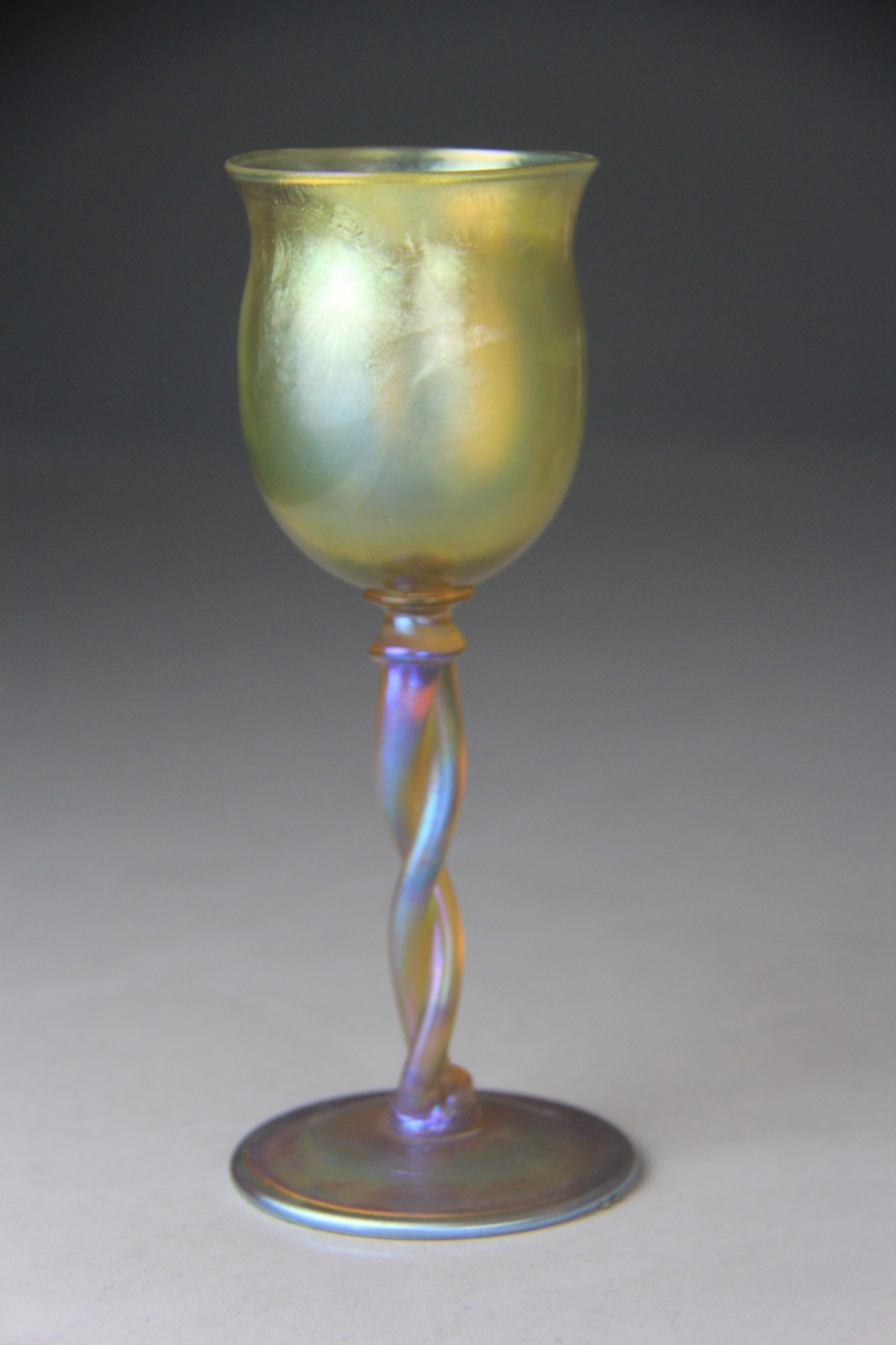 L. C. Tiffany Gold Iridescent Wine Goblet w/ Twisted Stem, Signed