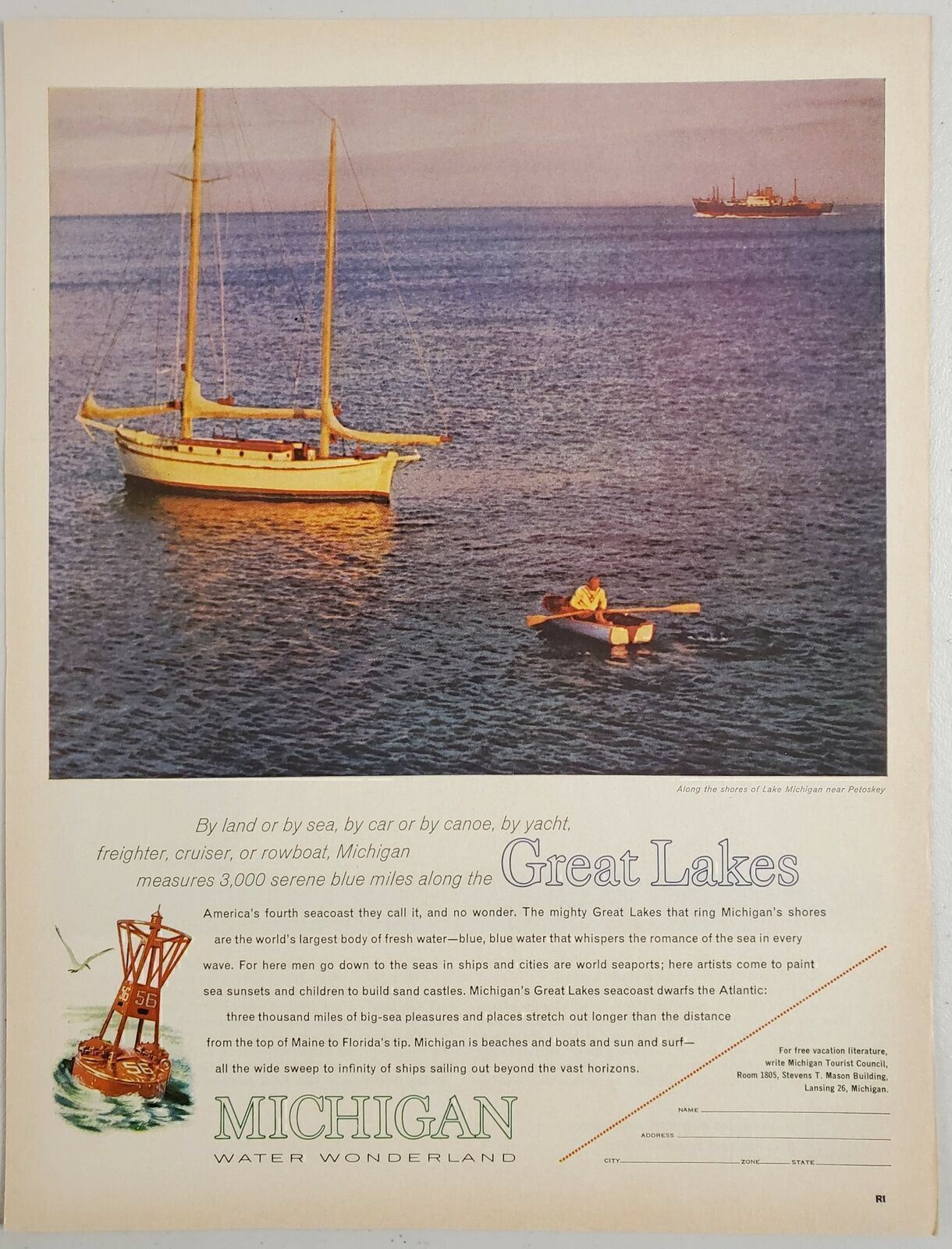 1963 Print Ad Michigan Tourist Council Great Lakes Small Ship near Petoskey