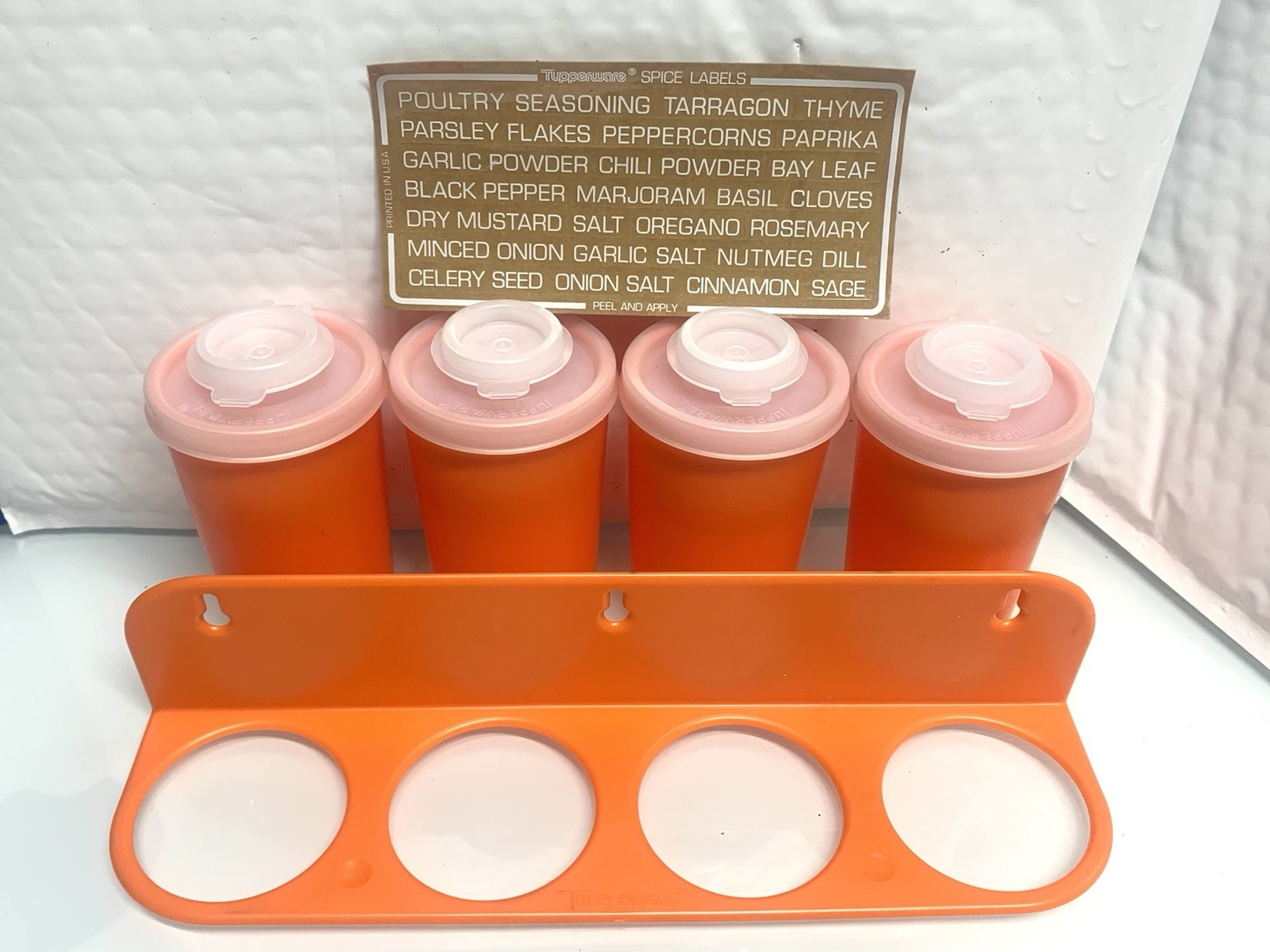 VTG Tupperware Orange Spice Shaker Set W/Original Stickers & Wall Mount Retro