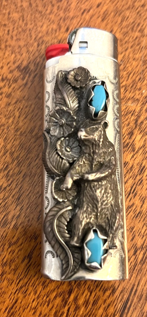 Vintage Sterling SILVER Turquoise With Bear Motif BIC Lighter Case Cover Nice