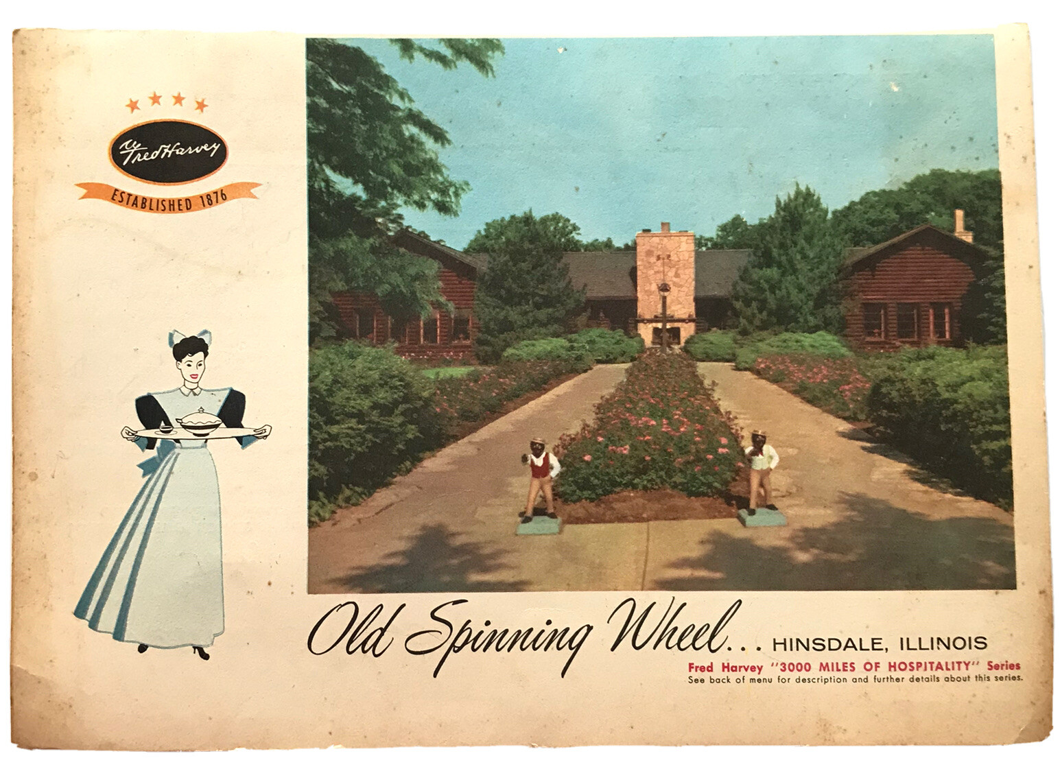 Vintage Ephemera 1957 OLD SPINNING WHEEL FRED HARVEY MENU Hinsdale Illinois-RARE