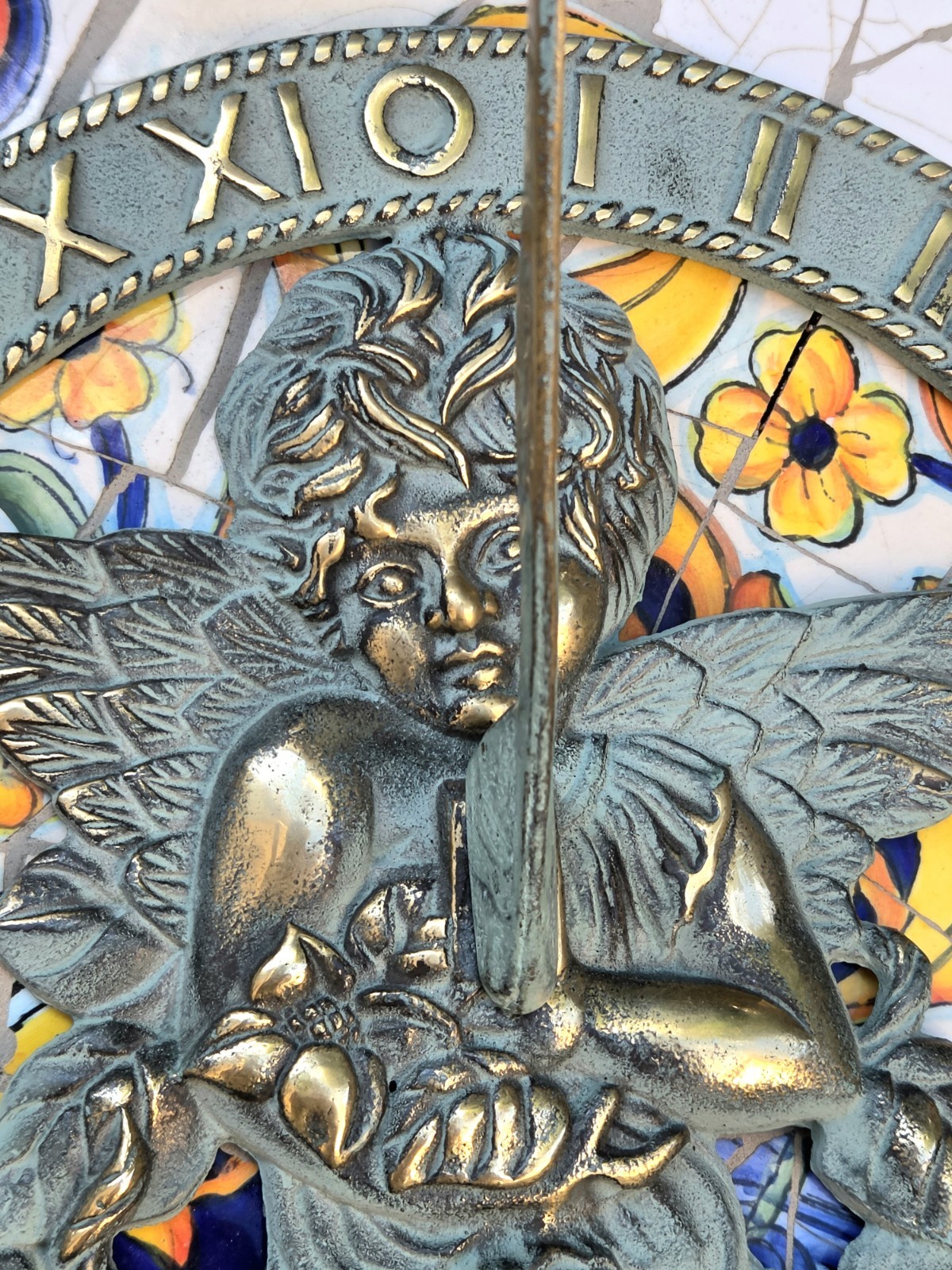 Patina Brass Vtg Cherub Sundial Garden Flowers Decor 9\