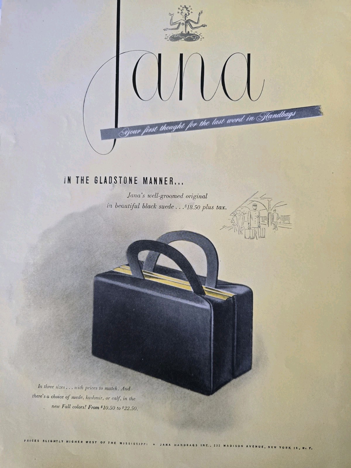 1948 Women\'s Jana black suede purse handbag Gladstone Manner vintage  fashion Ad