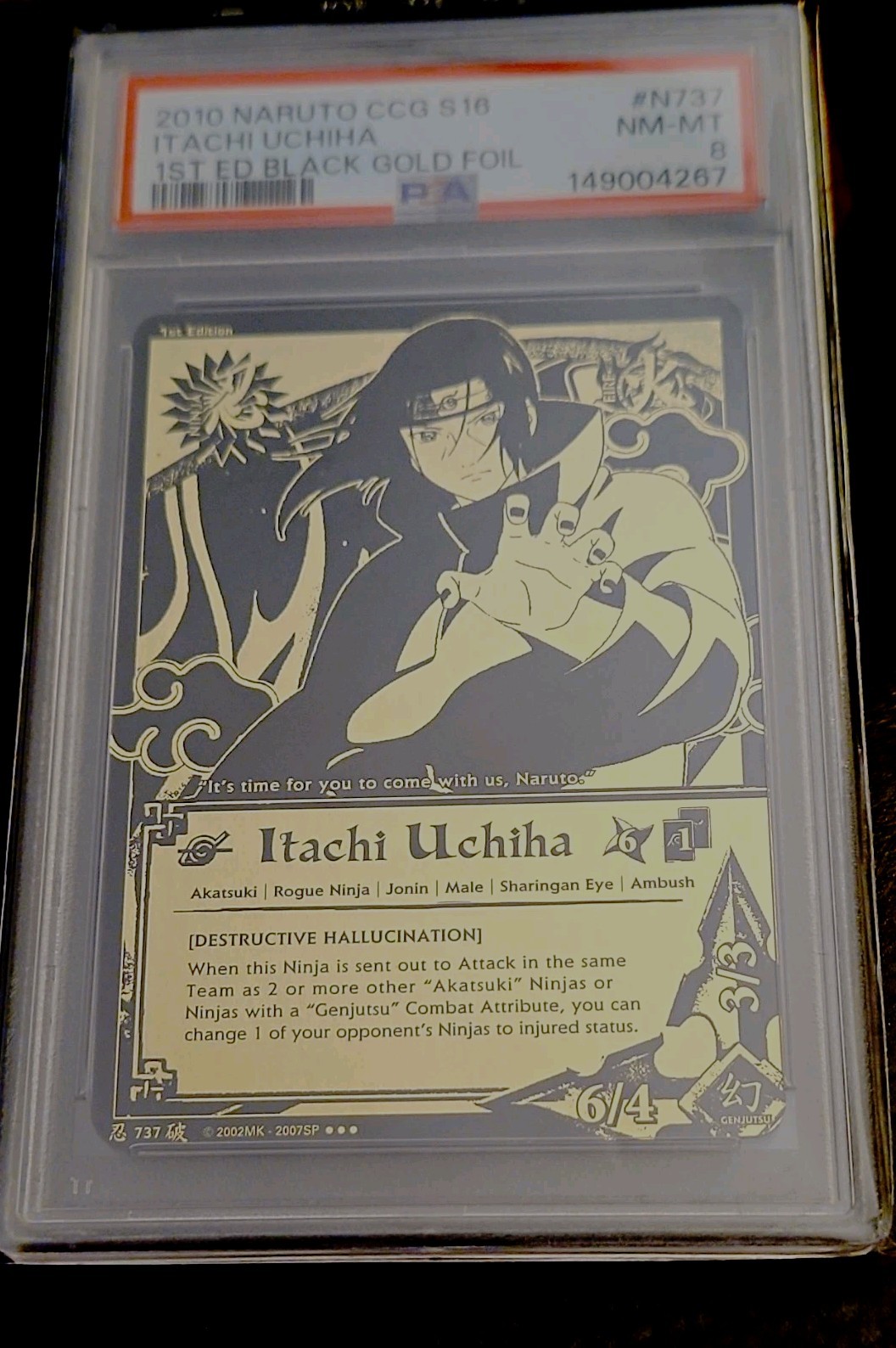 2010 Naruto CCG Itachi Uchiha S16 1st Edition Black Gold Foil PSA 8