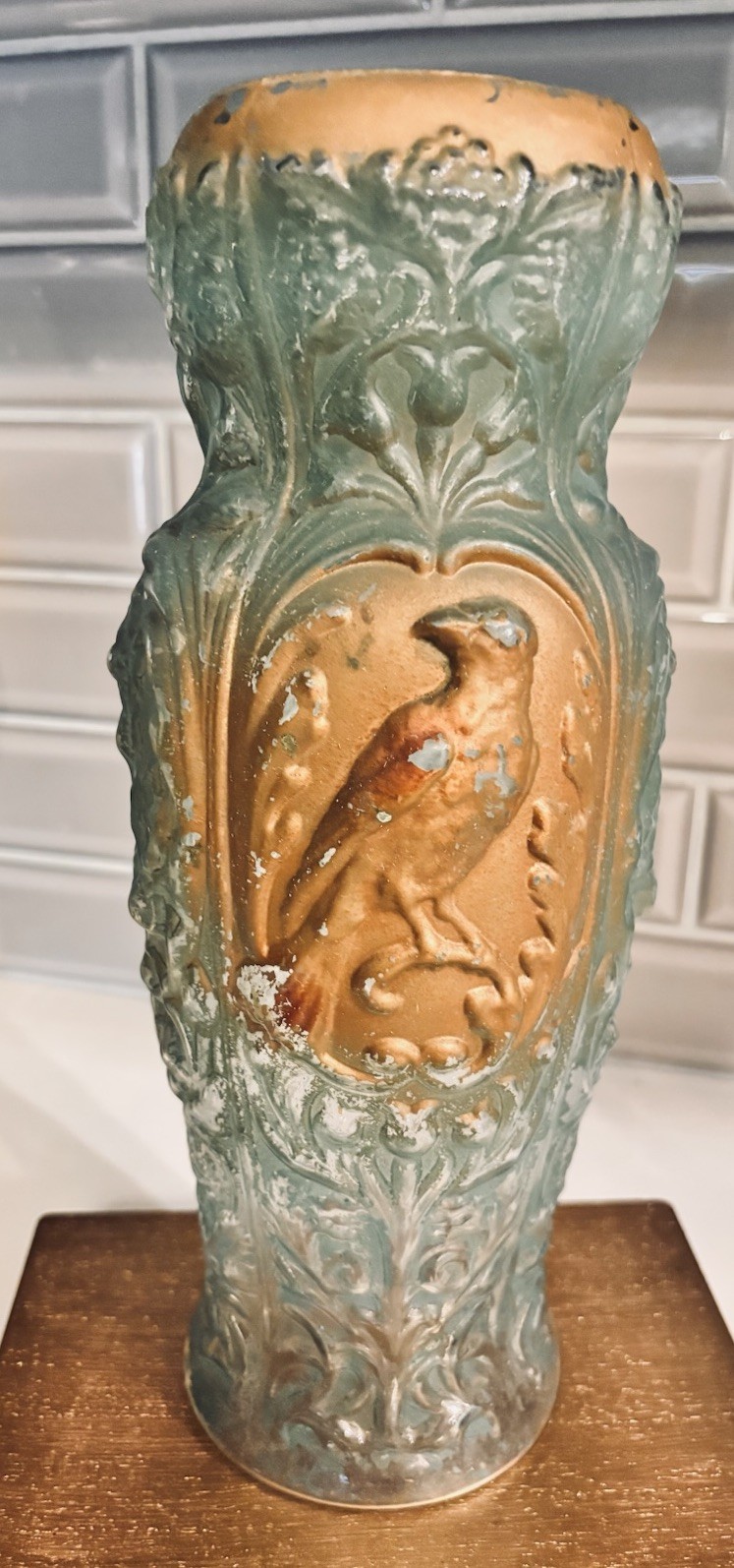 Antique 1920s Goofus Glass BIRD & FLOWERS Gold & Turquoise sprayed Vase 12