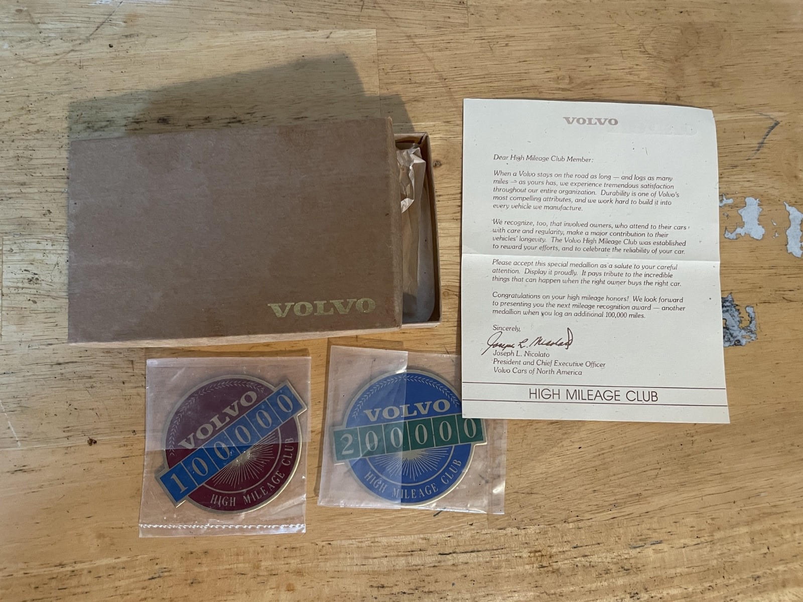 Vintage Volvo High Mileage Club Medallion Badge 100K 200K Set Box & Letter