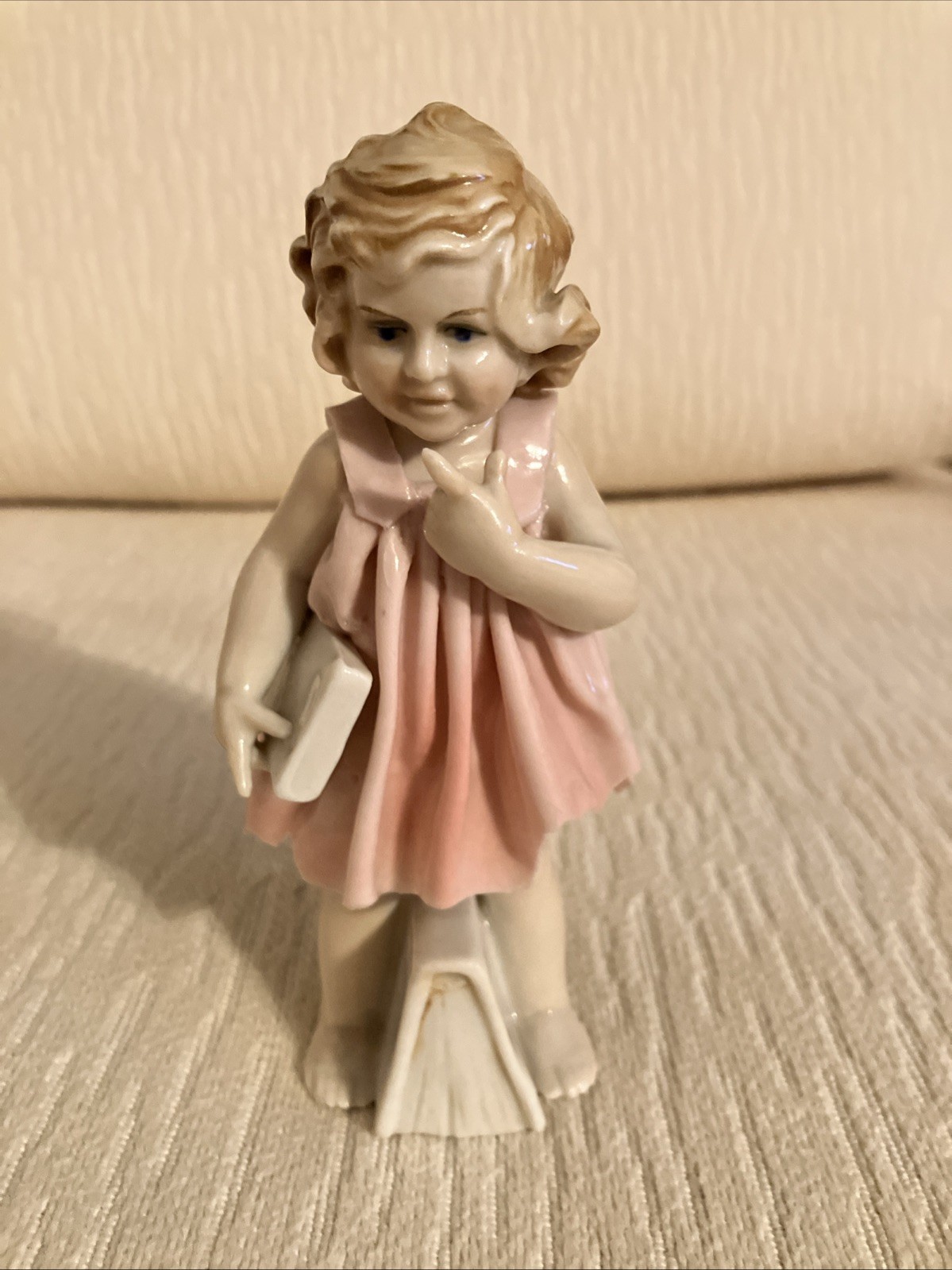 Rare Karl Ens Volkstedt Porcelain Figurine Girl w/Books Pink Dress Stamp Germany