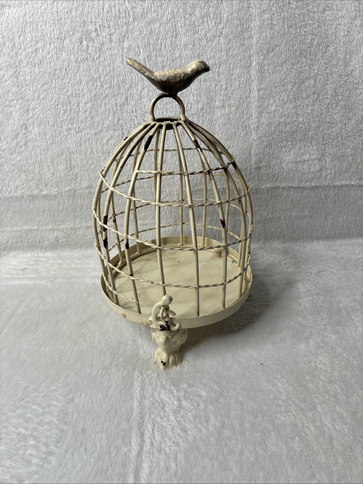 Vintage Cast Iron Bird Cage Figurine Bird Motif 9.5” Rustic Farmhouse Decor