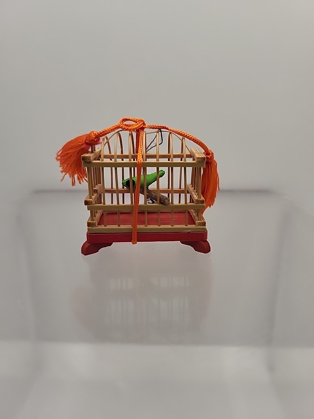 Vtg Miniture Japanese Bamboo Cage With Green Bird Asian Culture 