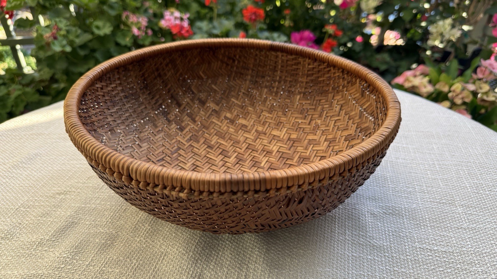 Vintage Handwoven Bamboo Rattan Winnowing Basket Bowl 12” Wicker Boho Decor