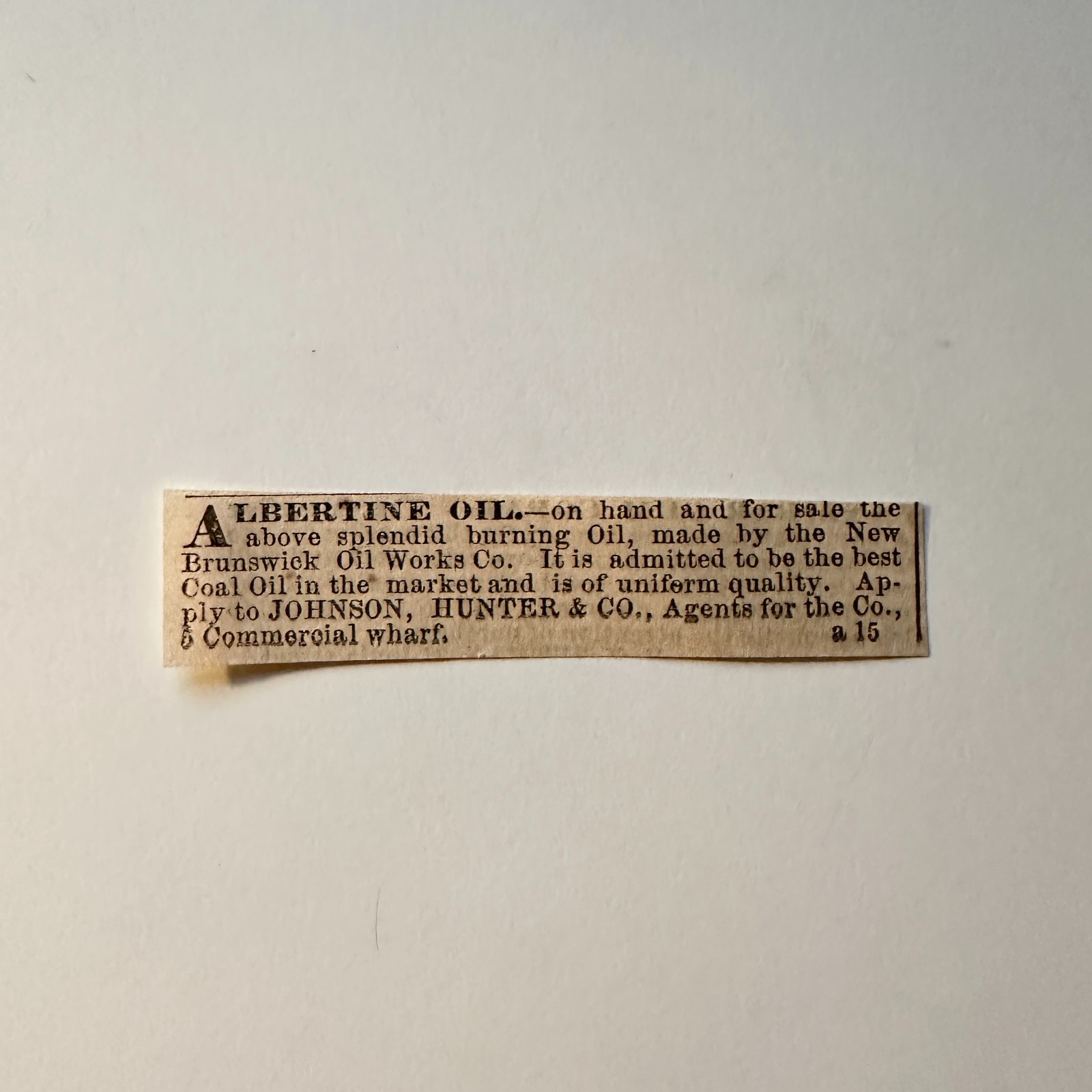 Johnson Hunter & Co. Albertine Oil 1860 Boston Ad 5AK9-S46