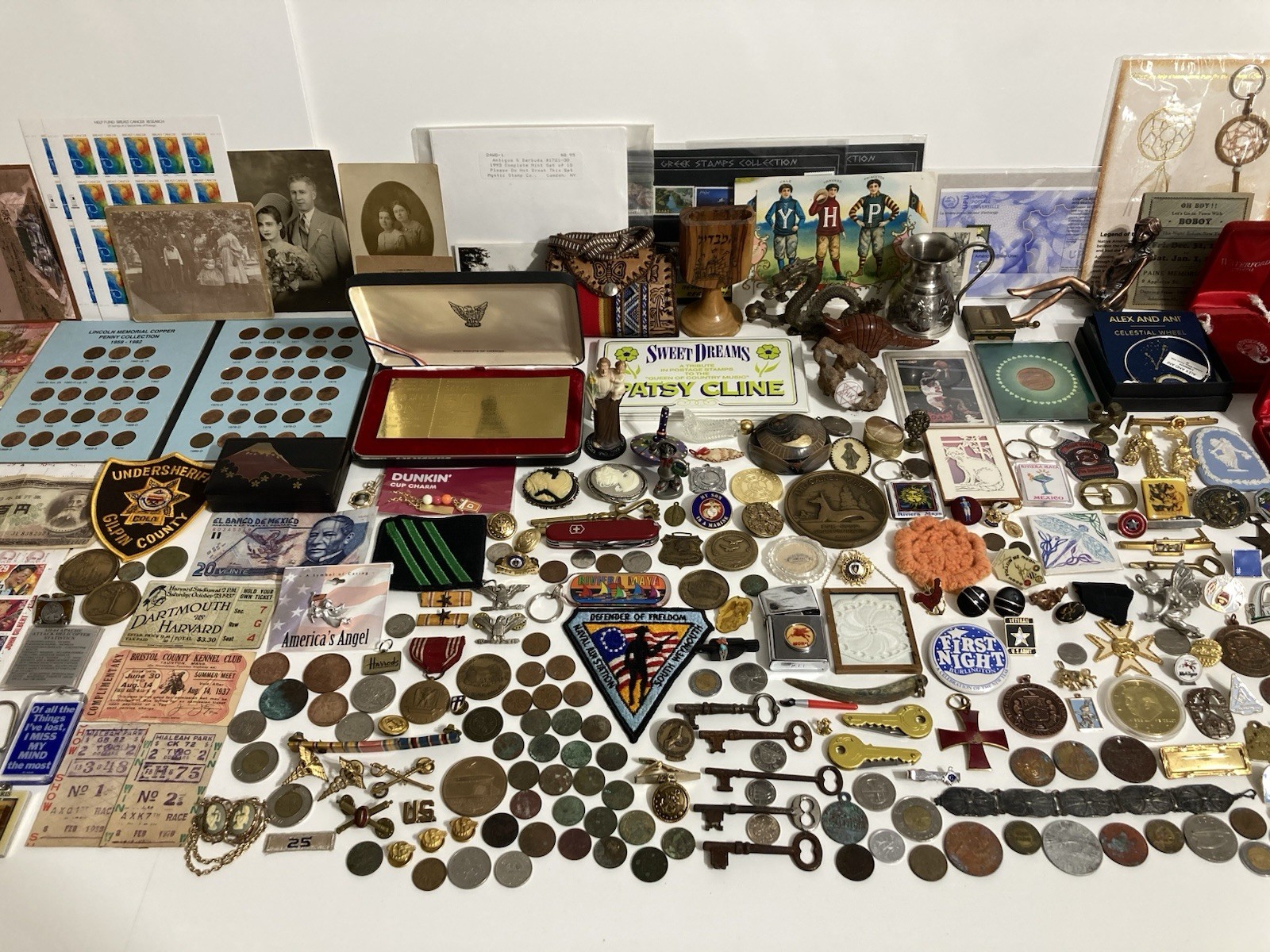 Vintage To Now Junk Drawer Lot Coins Knives Pins Currency Medals Stamps Patches