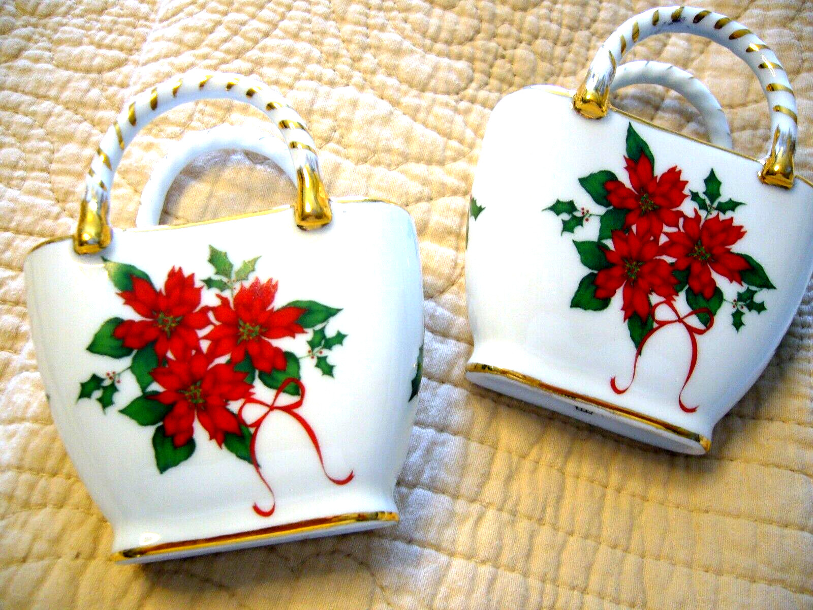 Grandma's 2 Small Porcelain Nantucket Baskets with Hollies & Poinsettias 2-Pack