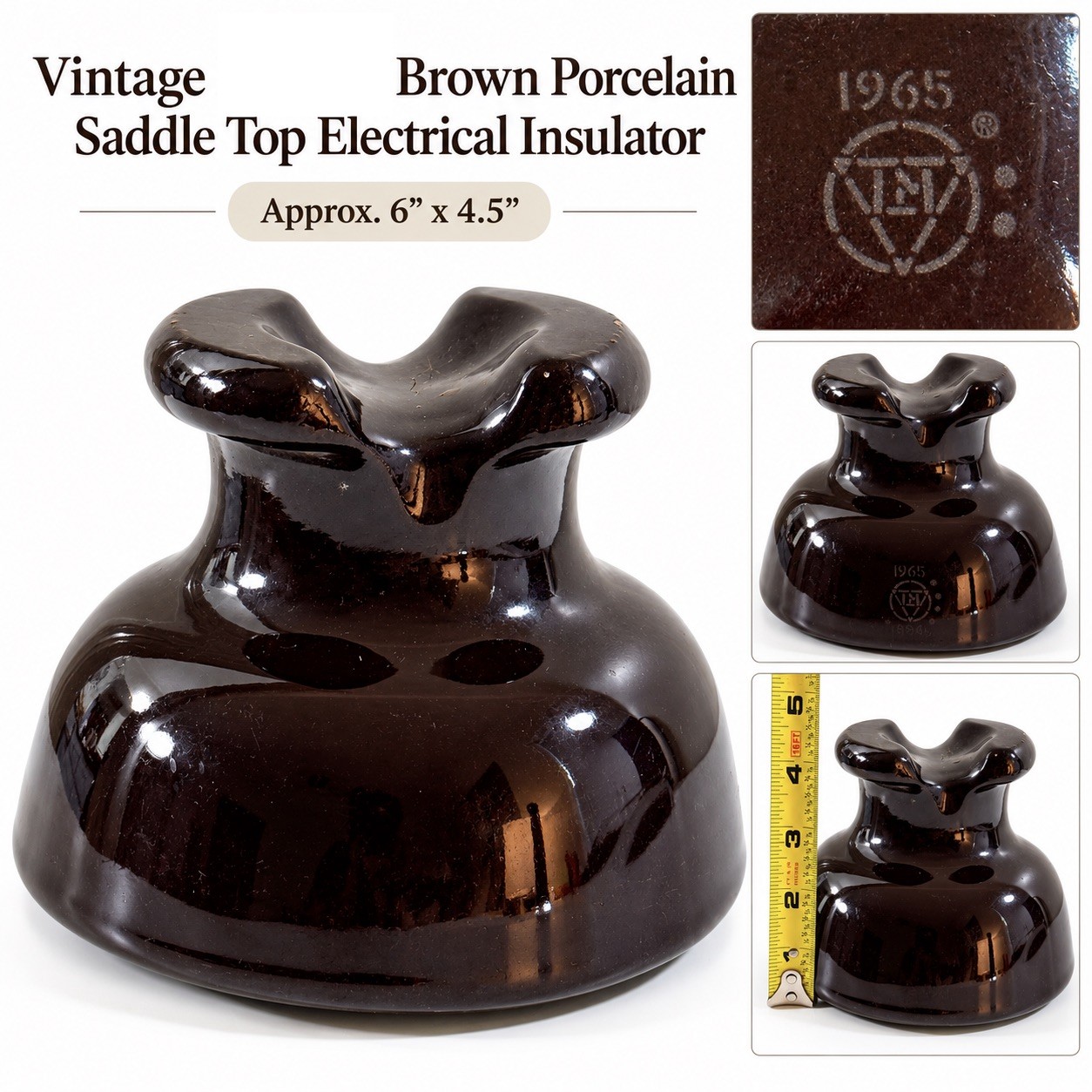Vintage Large 1965 Brown Porcelain Electrical Insulator Saddle Top Marked Logo