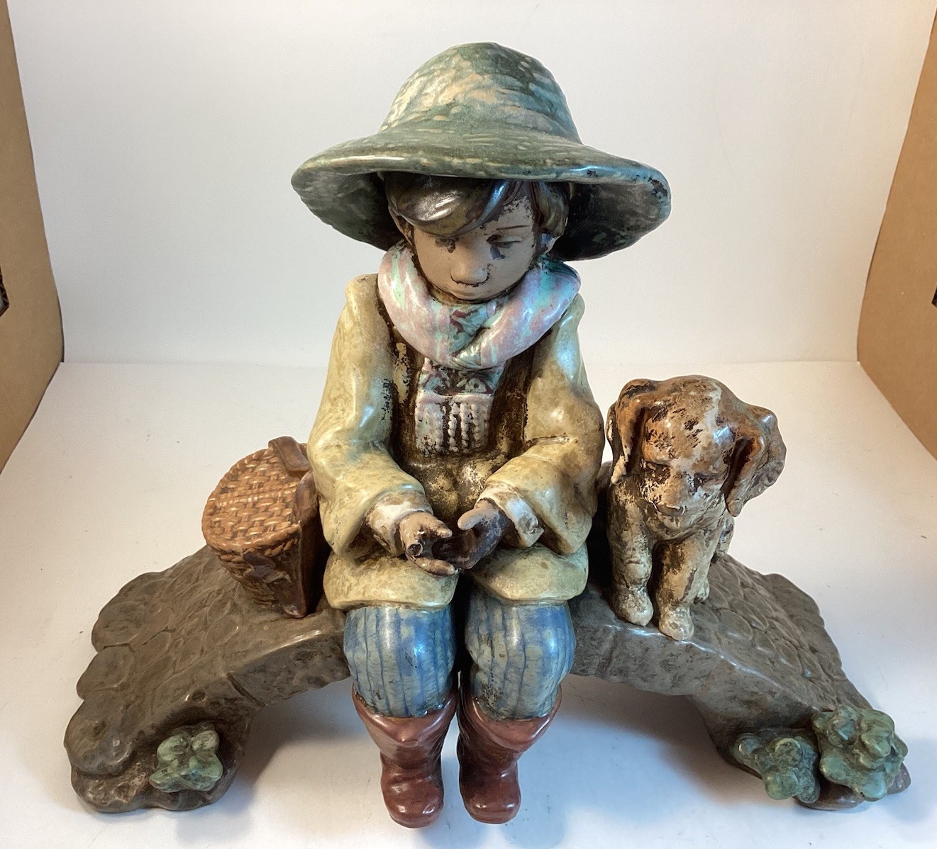 Lladro “The Old Fishing Hole” #2237 Earth-toned Gres Finish,Signed. ….FLAWED….