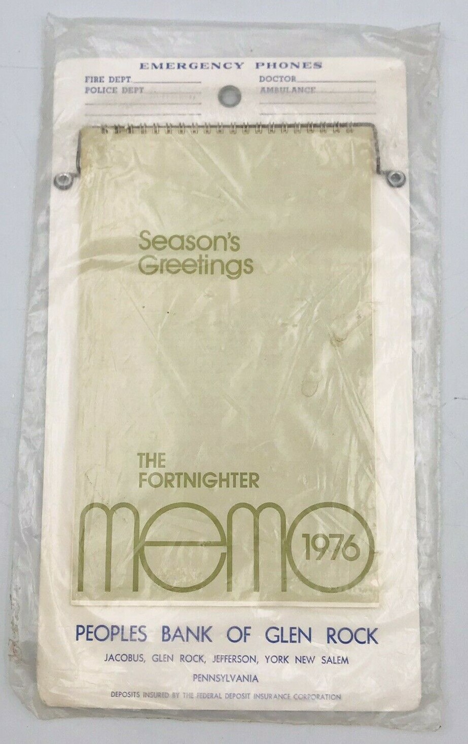 New Vintage 1976 The Fortnighter Calendar Memo Pad Peoples Bank of Glen Rock PA