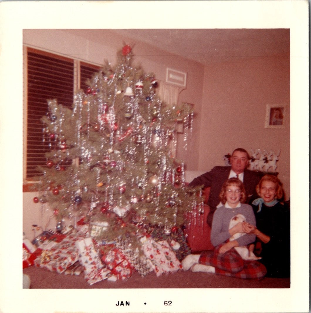 Vintage 1962 Christmas Family Photo Man 2 Girls Dog Presents Tinsel Tree
