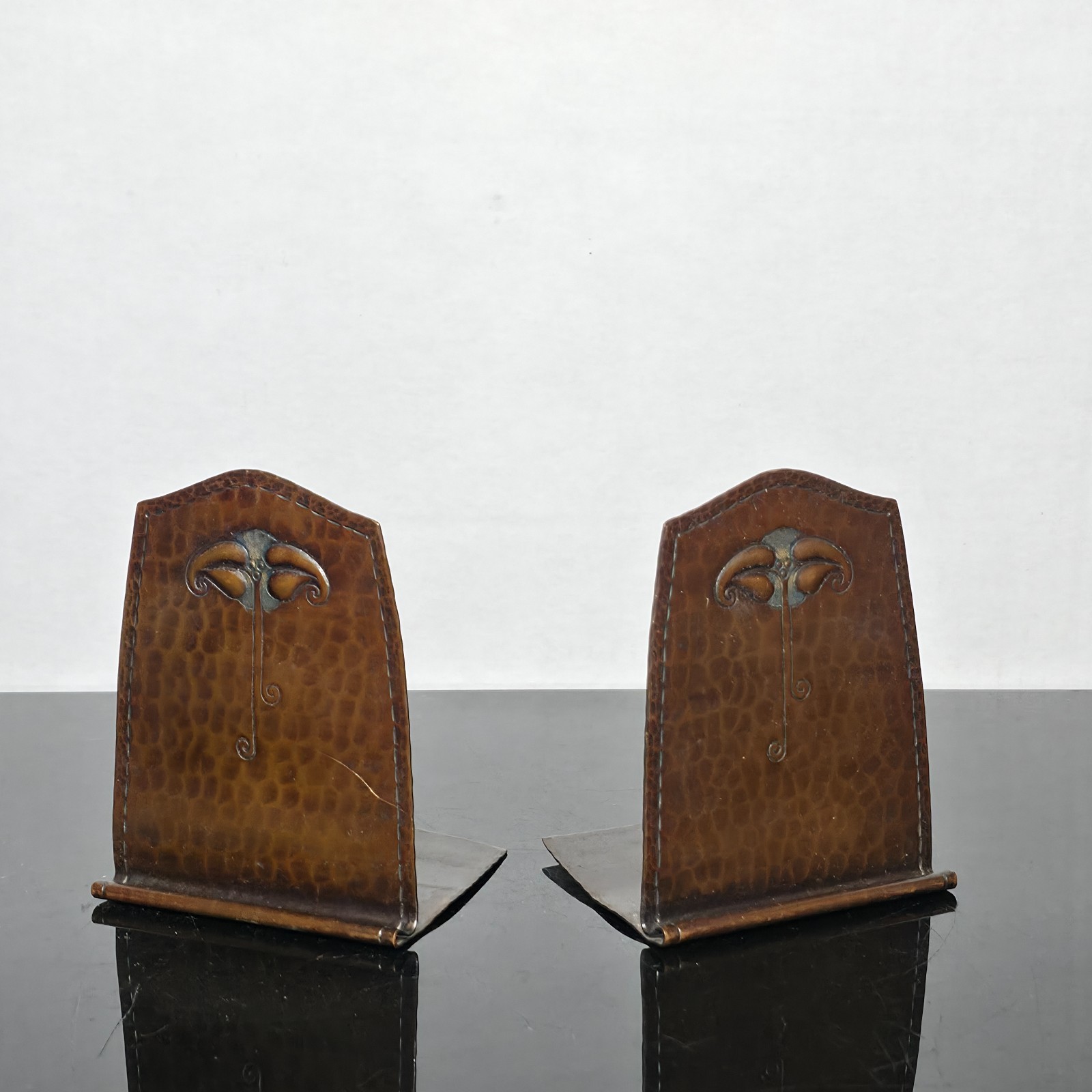 Antique Roycroft Hammered Copper Bookends Arts & Crafts Floral c1910 Signed