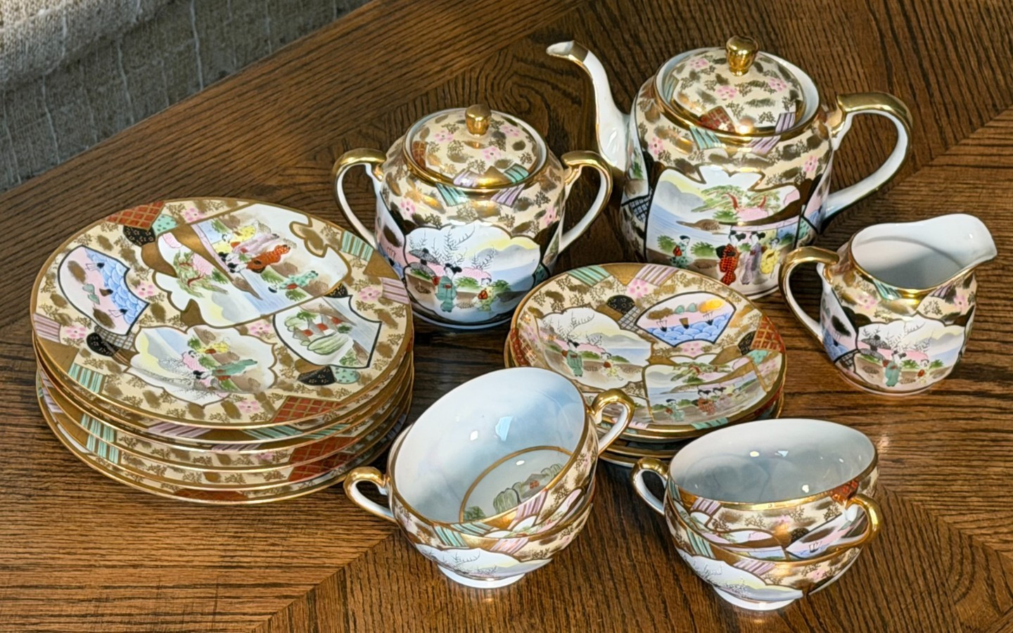 Vtg 13 pc Hand Painted Japanese Eggshell Porcelain Tea Set Geishas at River