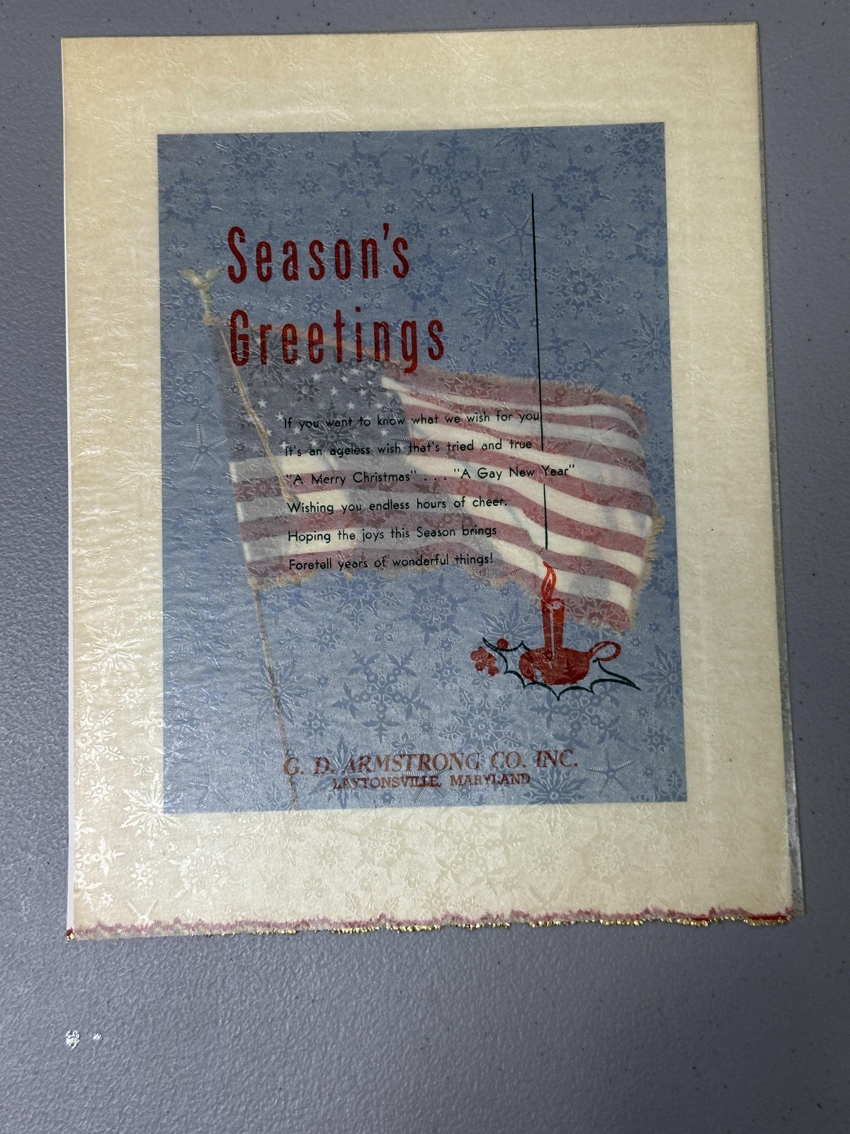 Season\'s Greetings Holiday Card  Made USA Embossed Flag, Vintage GOES