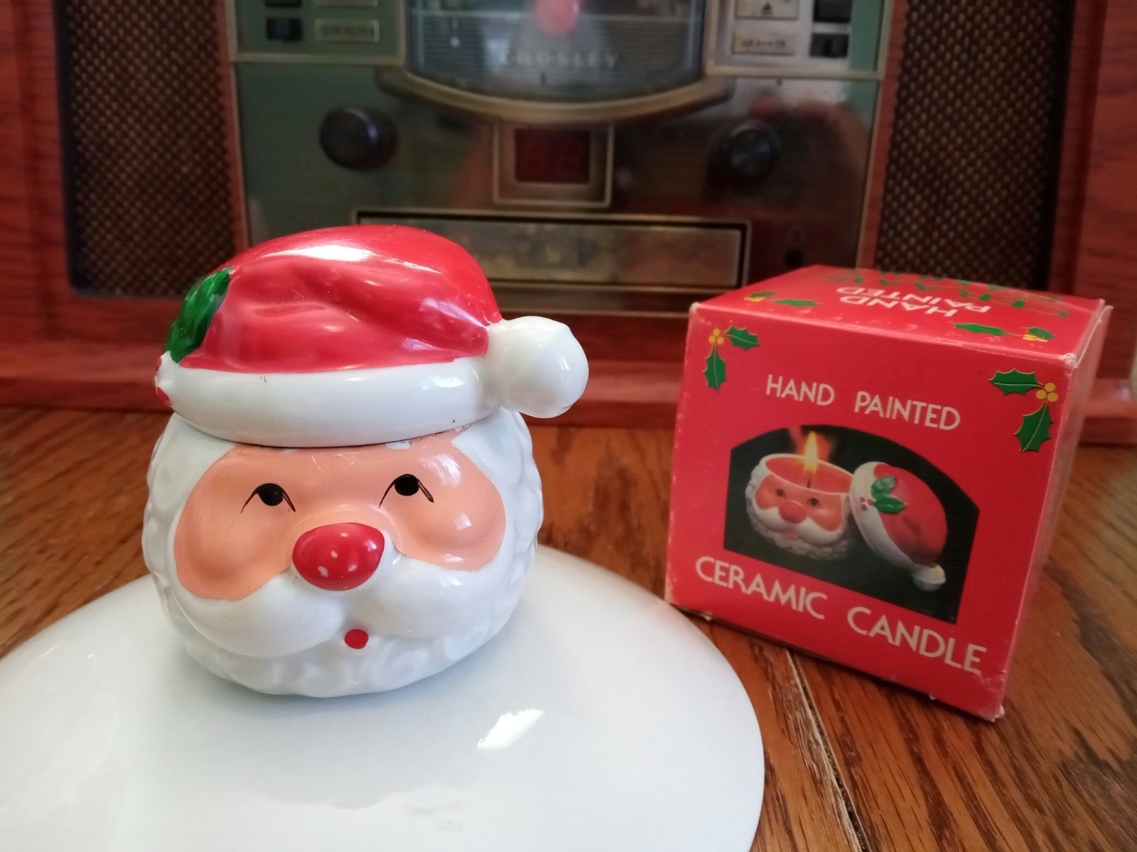Vintage Small Hand Painted Ceramic Santa Claus Candle With Hat Lid - With Box