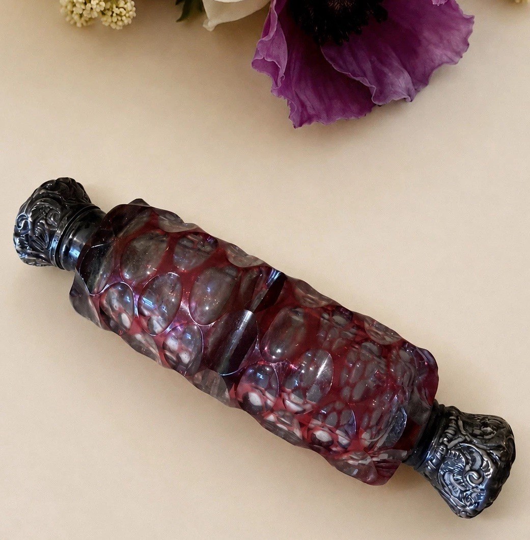 Antique 1875 French Cranberry Cut Glass Double Scent & Salts Bottle Solid Silver