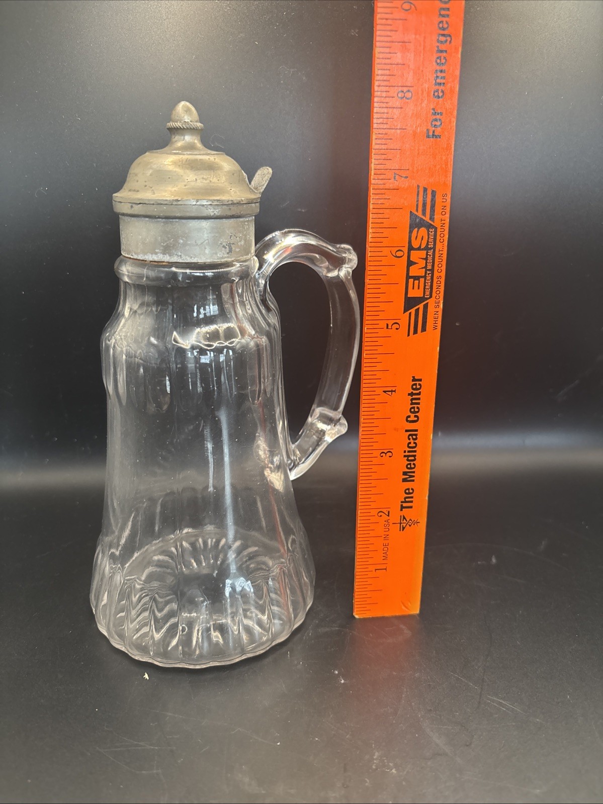 EAPG Uranium Glass Syrup Pitcher Vintage Vaseline Molasses Jug Metal Lid Glows
