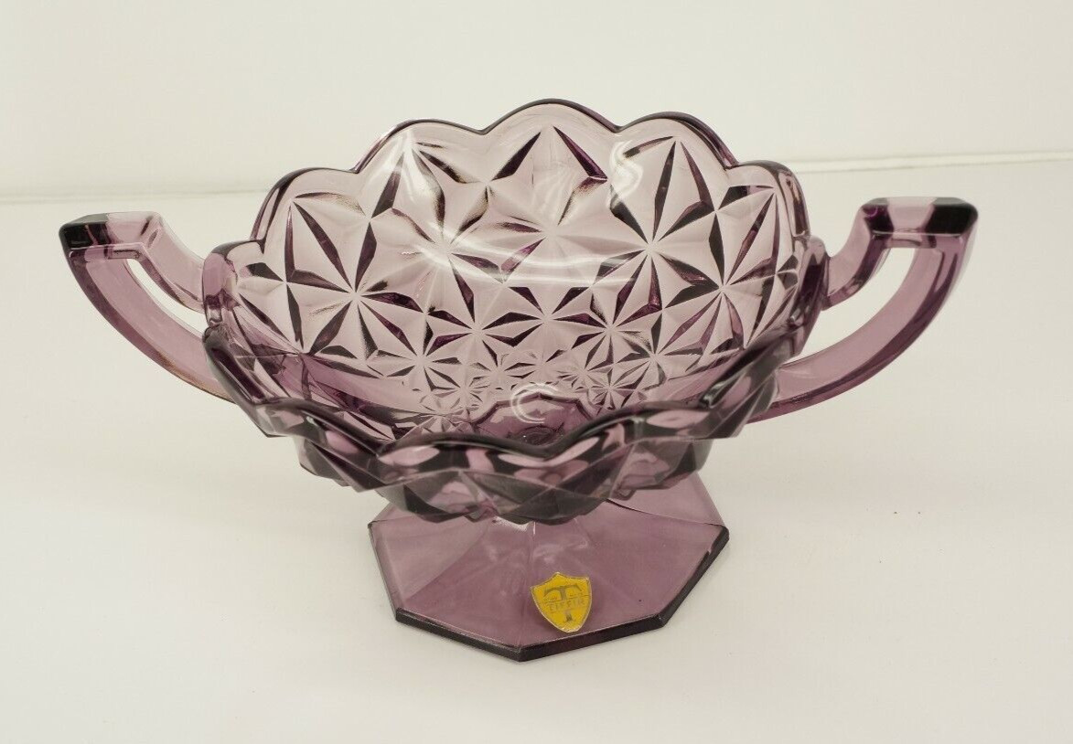 Very Rare VINTAGE TIFFIN AMETHYST PEDESTAL HANDLED DISH Perfect w/ Sticker  