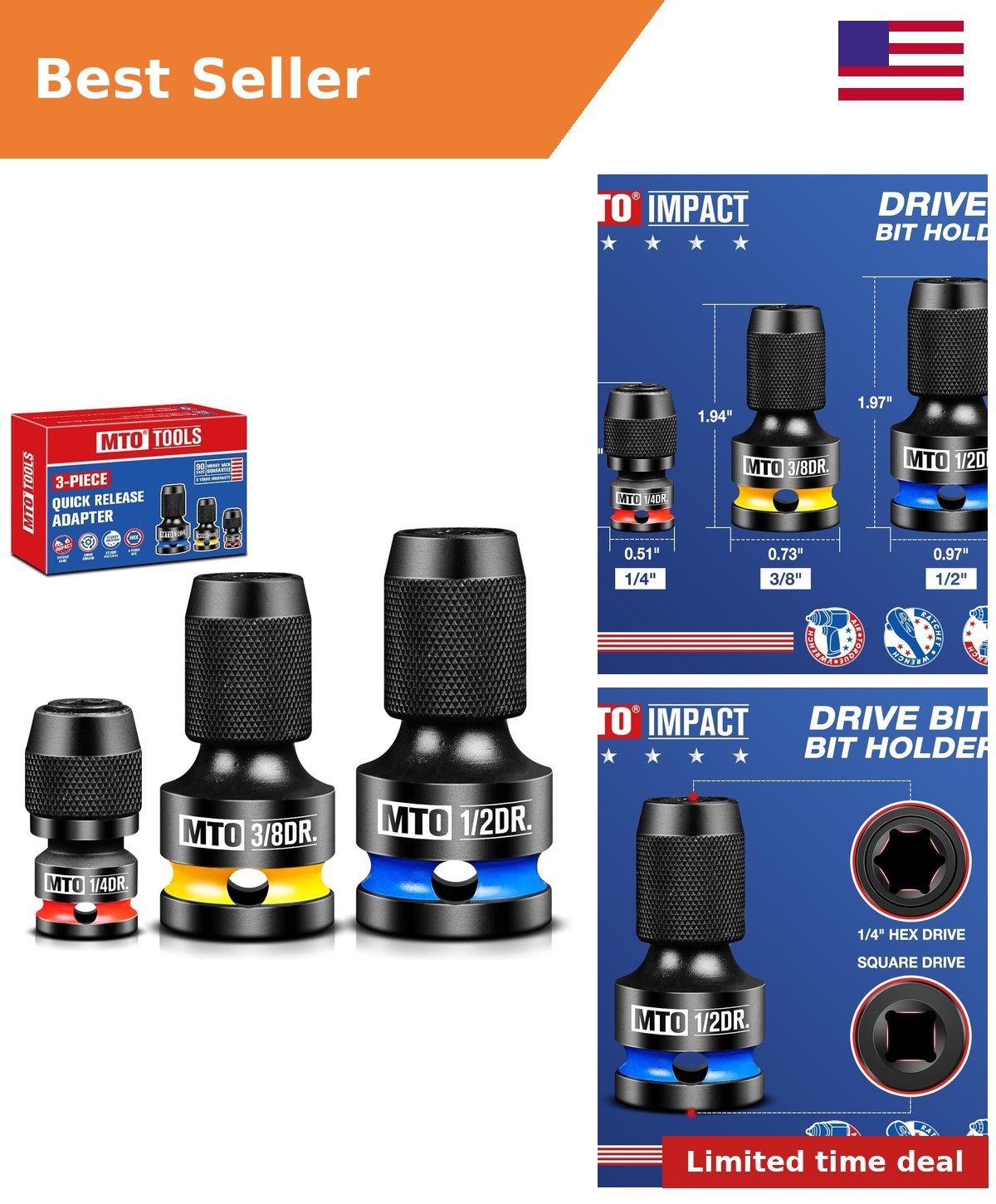 1/2 3/8 1/4-Inch Square Drive to 1/4-Inch Hex Socket Adapter