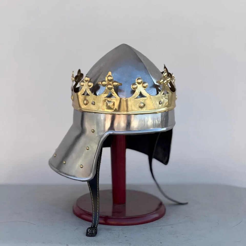 Steel Crown Helmet Lionheart Brass Richard King w/ Free Stand