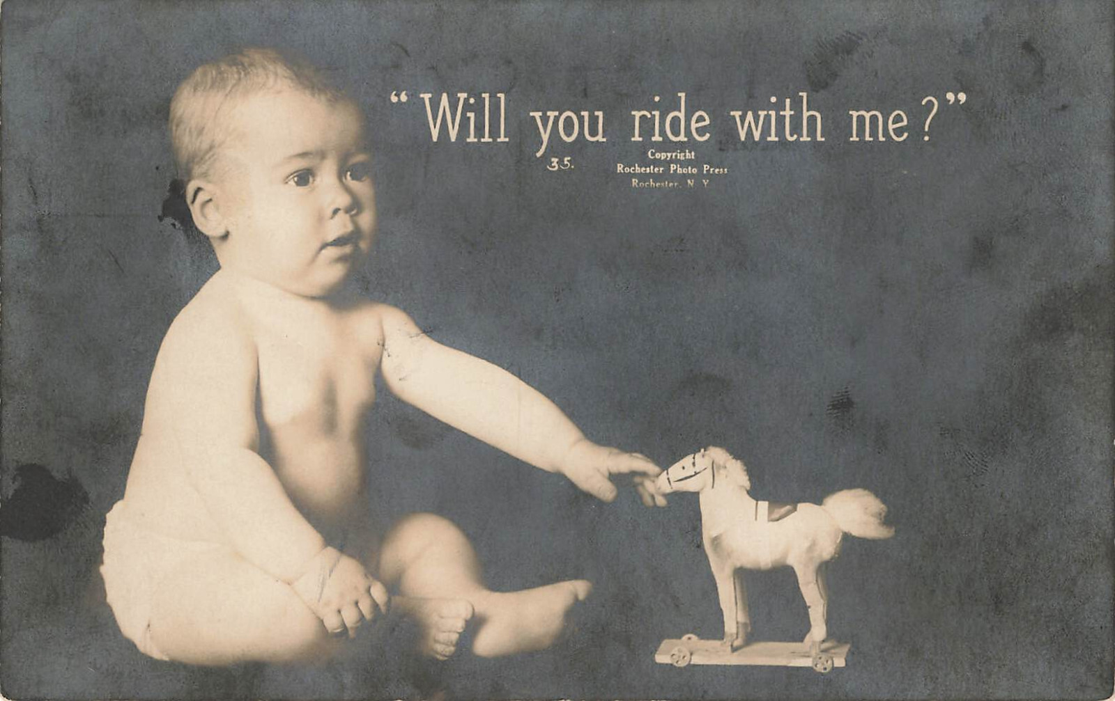 BABY BOY WITH TOY HORSE ON WHEELS PHOTO POSTCARD ROCHESTER NY NEW YORK 1910 RPPC