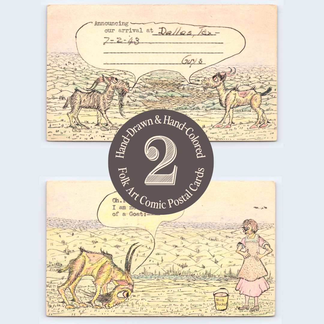 1943 Hand-Drawn Folk Art Goat Postal Card Set Dallas & Fort Worth TX WWII Humor