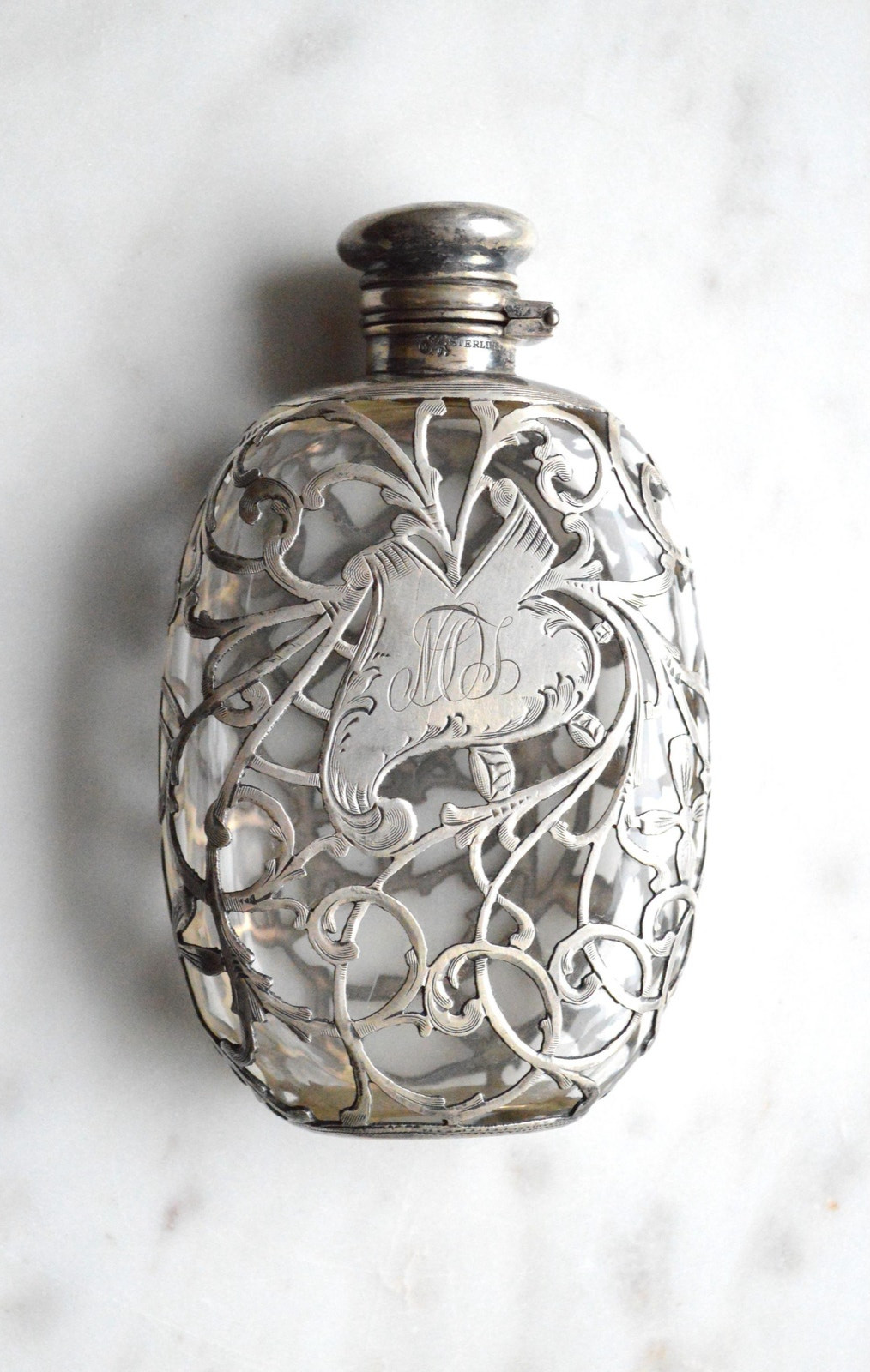 Antique Sterling Silver Art Nouveau Engraved La Pierre Glass Flask Perfume