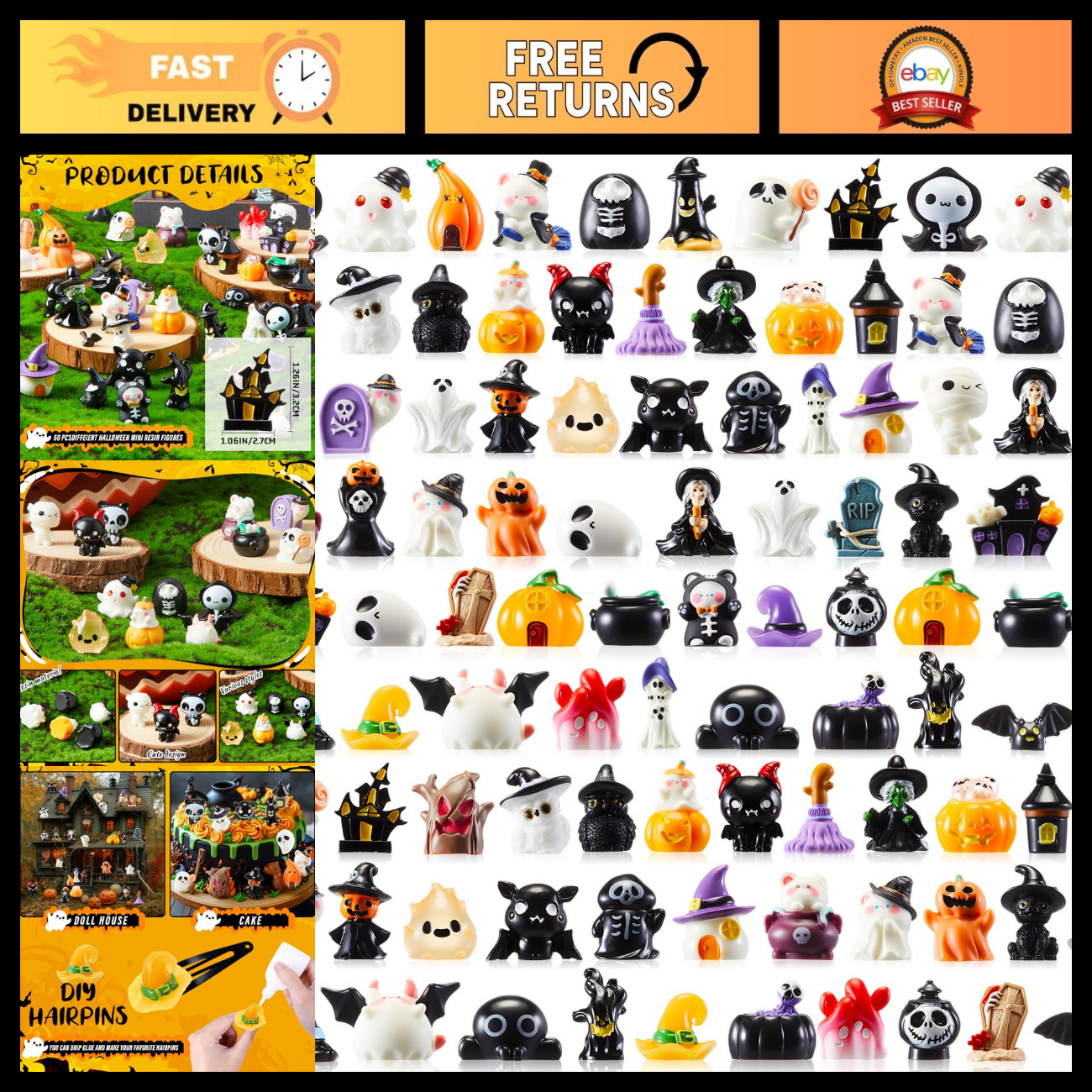 100 Pcs Mini Halloween Resin Figurines - Spooky Decor, Party Supplies, Crafts