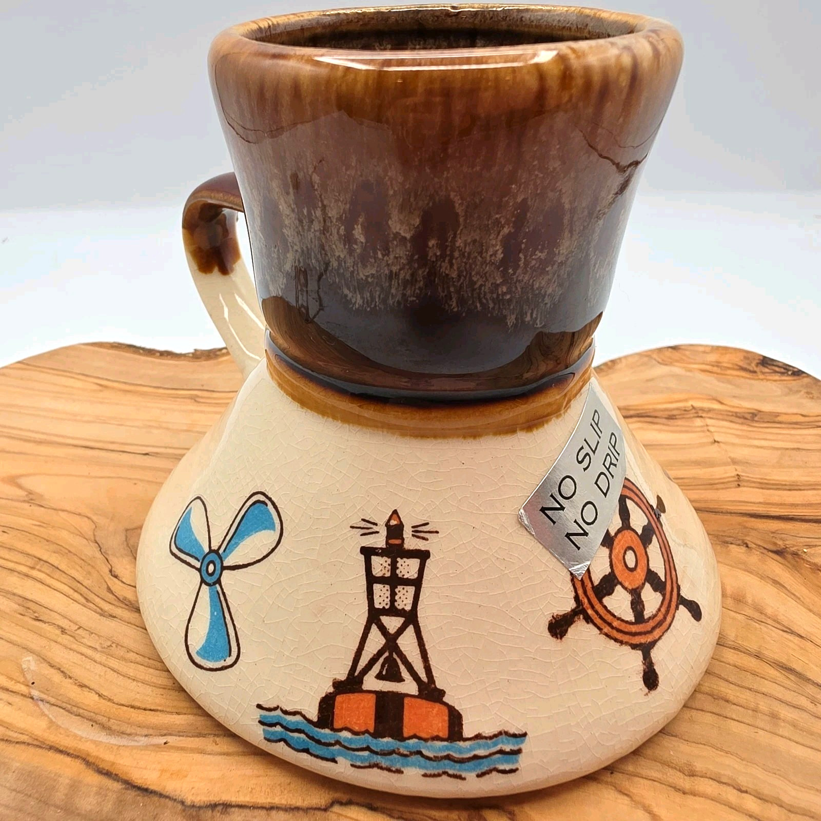 VTG Mariner No Spill Mug New Boat Travel Wide Base Kitsch Anchor Pulley Wheel