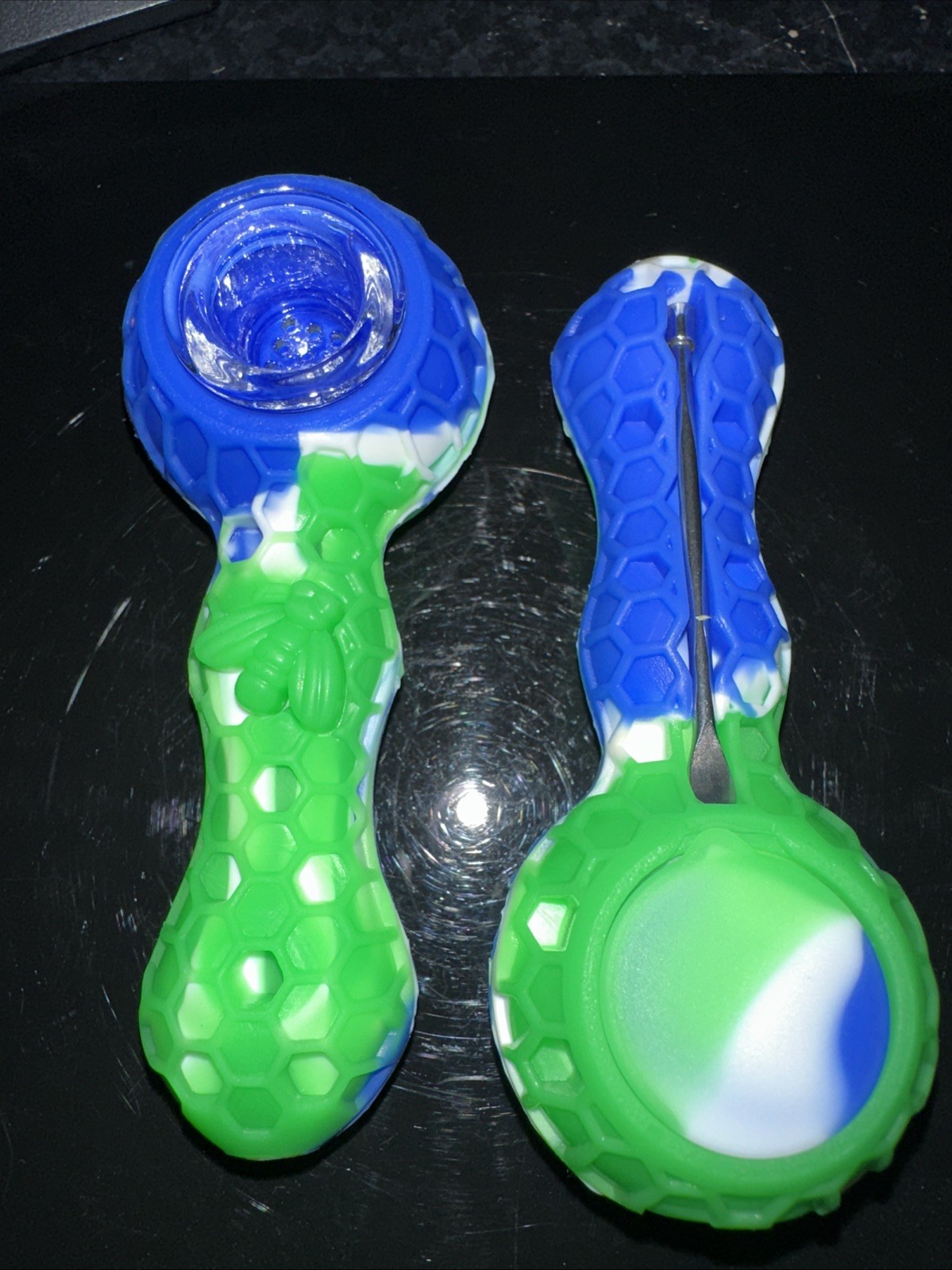 GREEN/BLUE SILICONE SMOKING PIPE W/ GLASS NINE HOLE BOWL