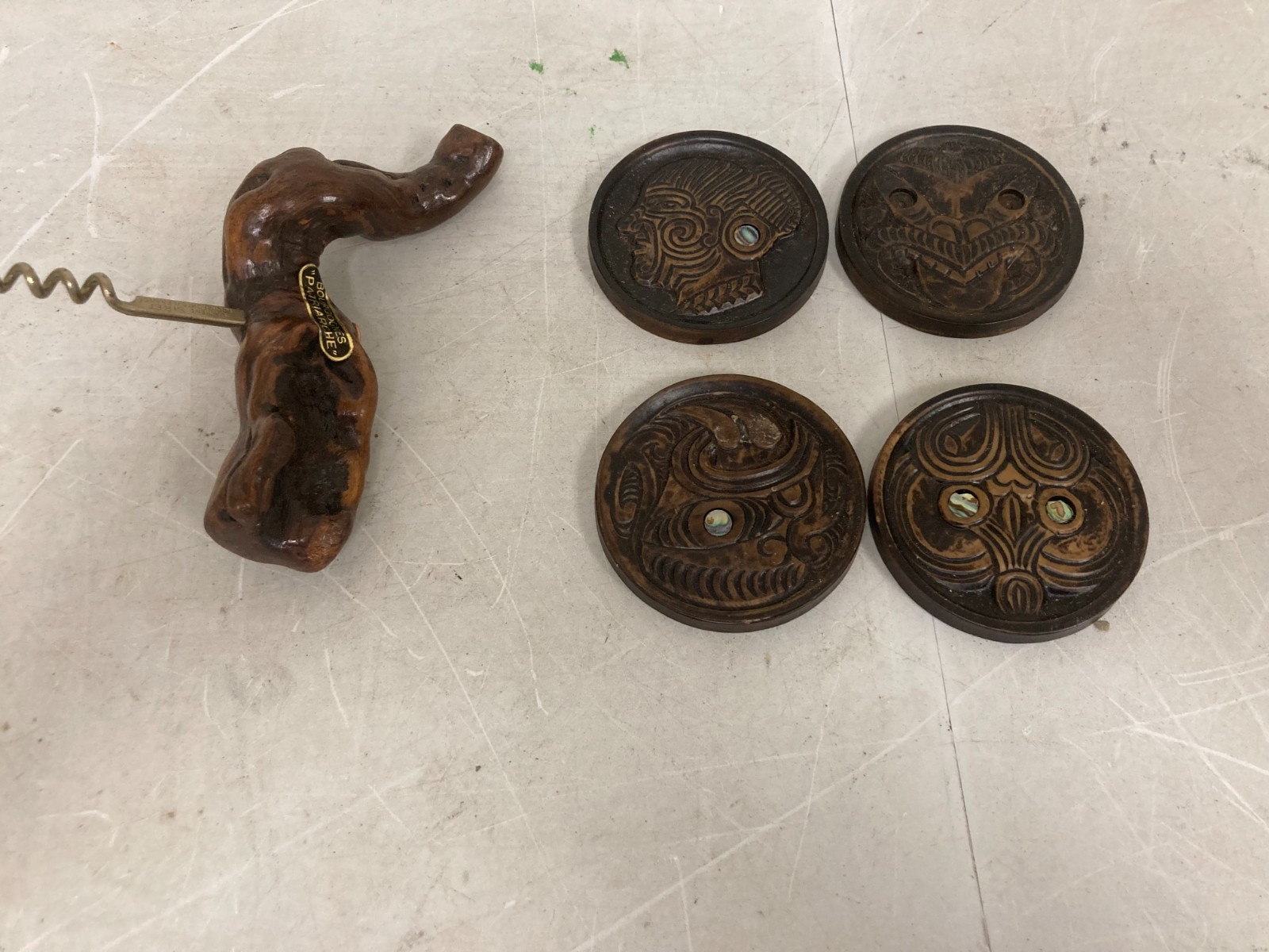 Vintage Figural Burl Wood Corkscrew Maori Abalone Coasters Set